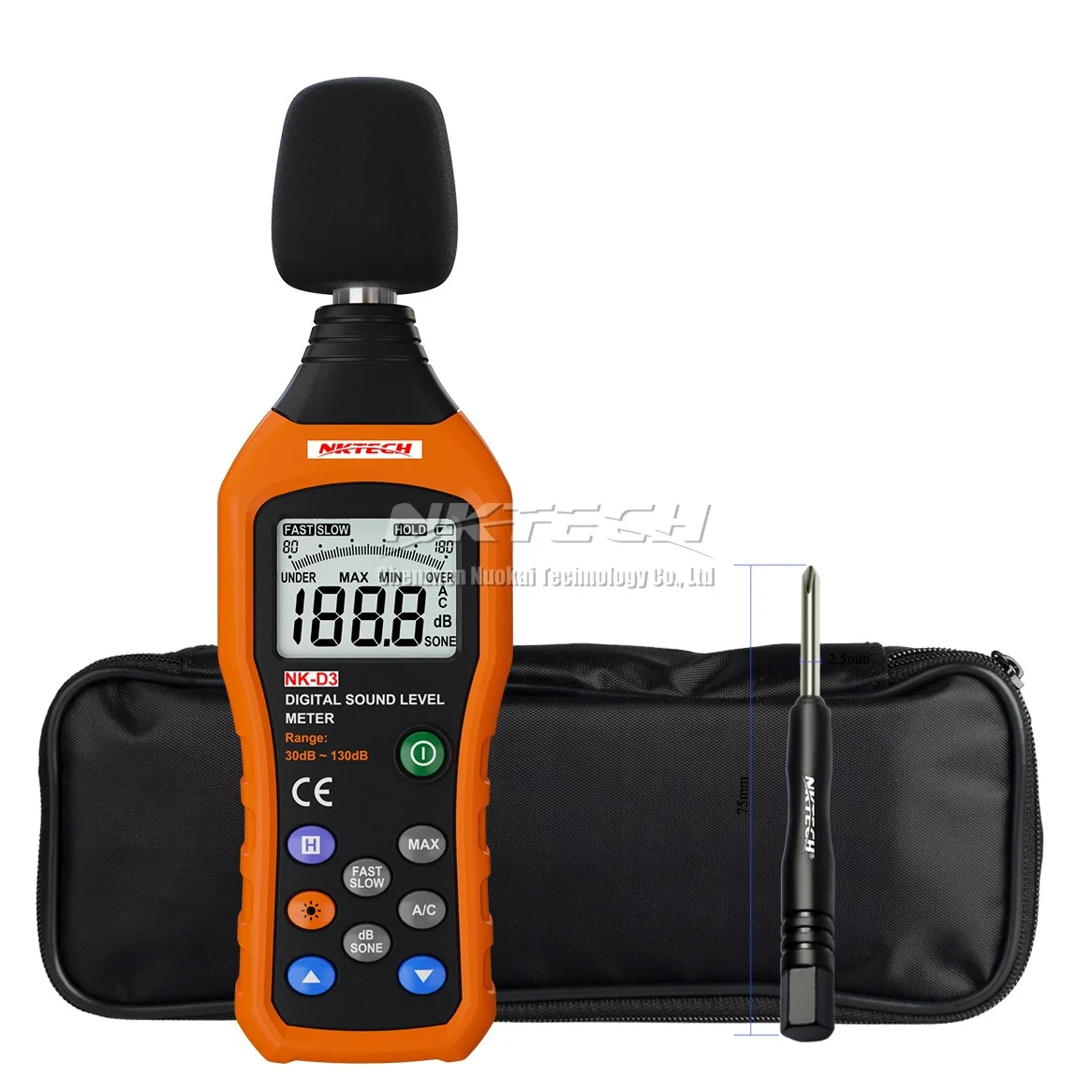 NK-D3 cyfrowy miernik poziomu hałasu Logger Tester audio Decibel Monitor 30-130 dB Dokładność 1,5 dB z dużym ekranem LCD Szybki / powolny wybór śrubokręt TL-1