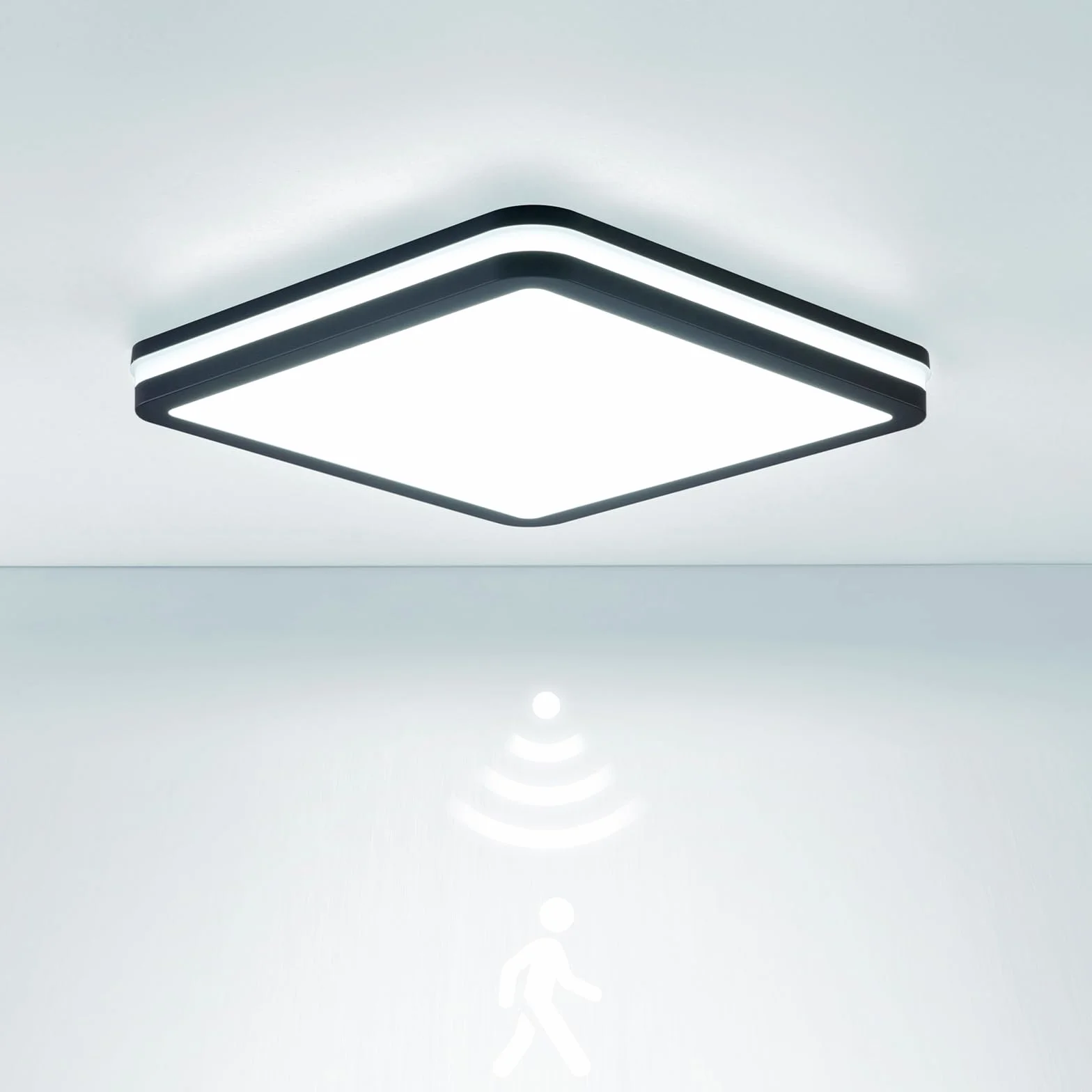 LEZOE IP65, wodoodporna lampa sufitowa LED z czujnikiem ruchu, 18 W, 2700 lm, 150Lm / W, 3000K, 4000K, 6500K, idealna do łazienki, garażu, schodów, piwnicy, korytarza, balkonu, 22 x 22 cm szary