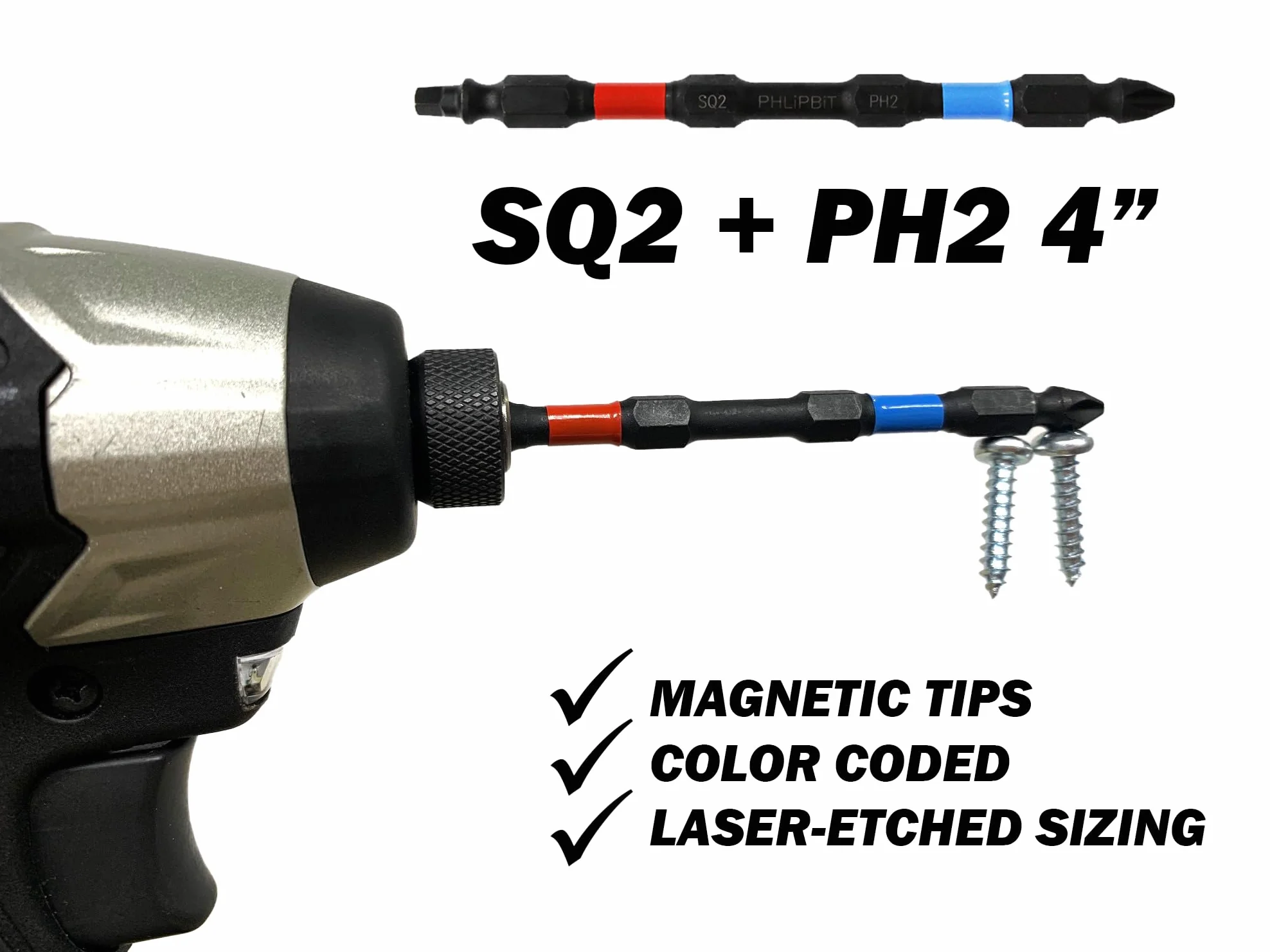 ORBiT - SQ2+PH2, zmodyfikowana geometria, 10.2 cm 5 szt. Podwójny koniec + podwójna Duty, 1/10.2 cm Quick Connect IMPACT BiT, USA-IRPBO4SQPH2-5, (czerwony/niebieski napędy SQ+PH #8/10 śruby