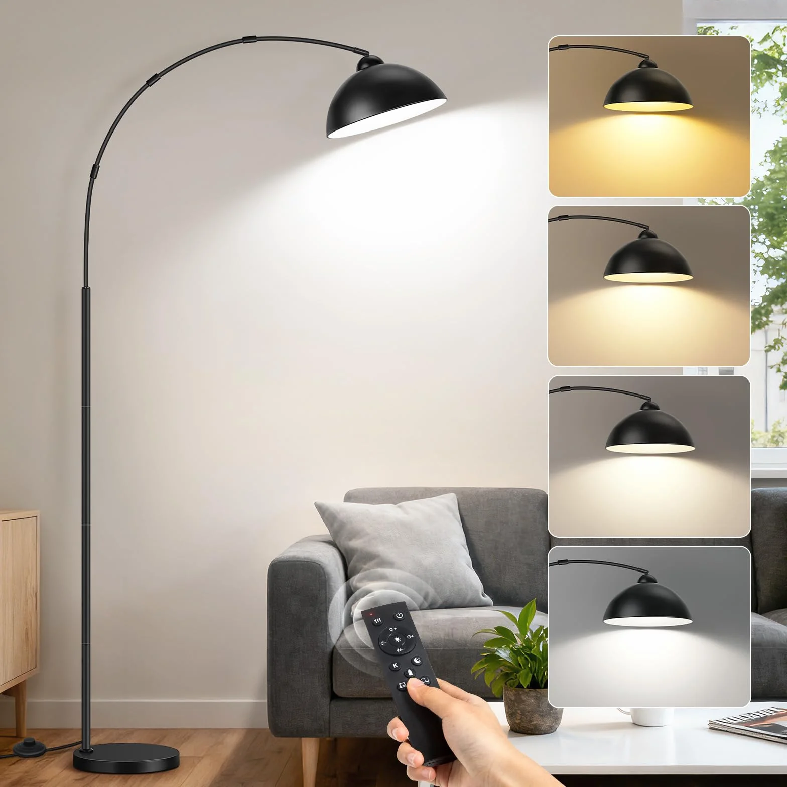 OUTON Lampa łukowa, lampa stojąca LED z funkcją ściemniania | 4 temperatury barwowe, czarna, lampa stojąca do salonu, sypialni, biura