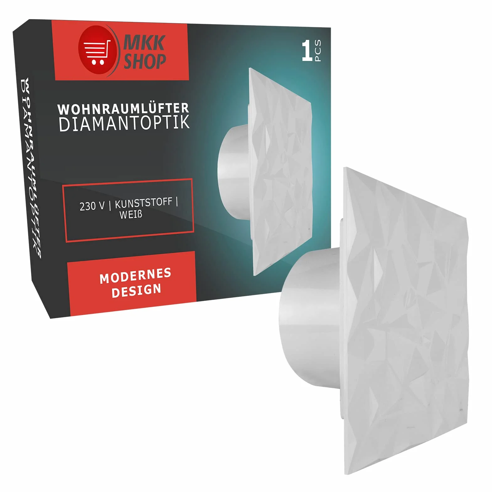 MKK Wentylator łazienkowy, wentylator do pomieszczeń mieszkalnych, panel diamentowy, biały, Ø 125 mm, przełącznik pociągany