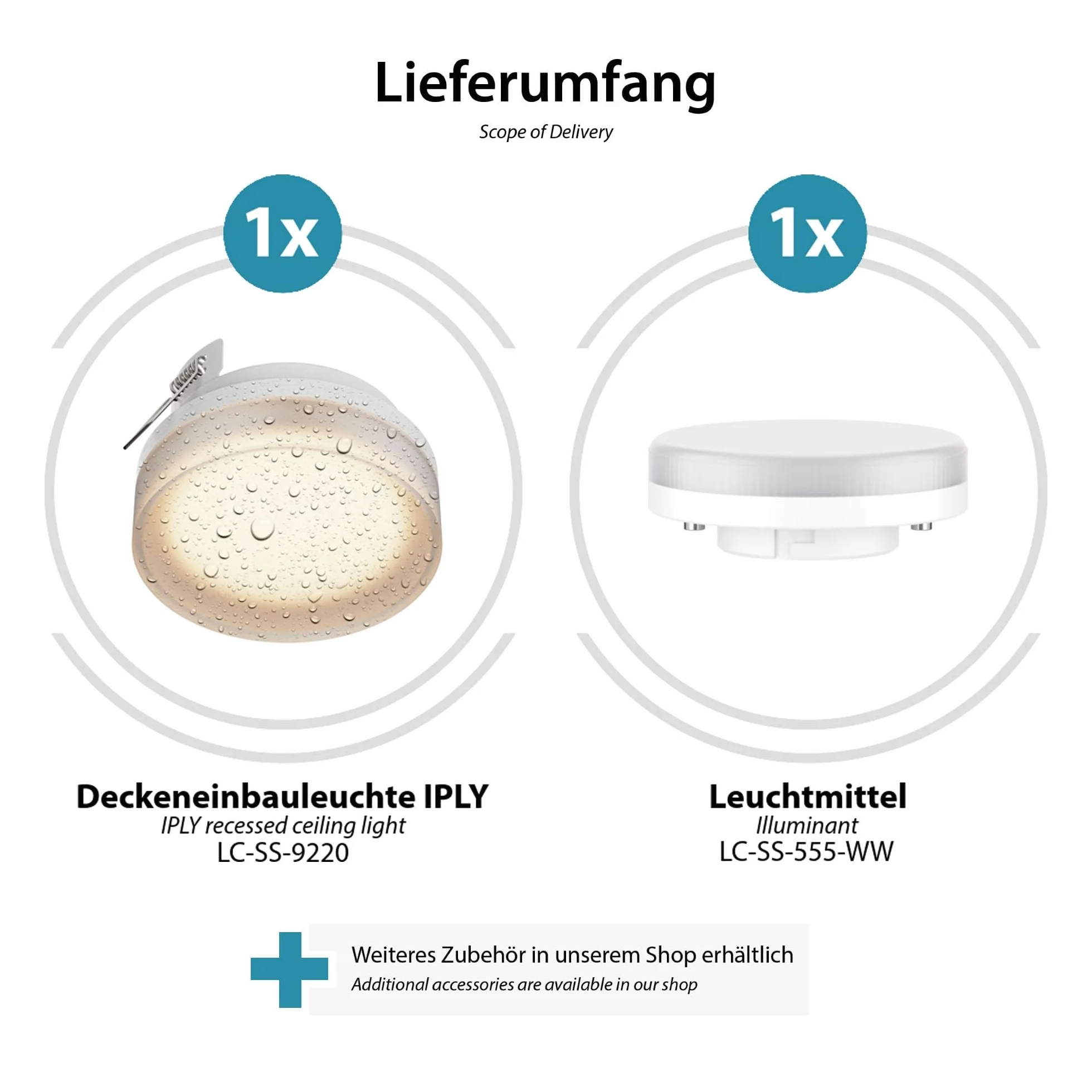 ledscom.de 4 szt. lampa sufitowa IPLY, IP44, biały mat, okrągła, z żarówką LED GX53, 509lm, ciepła biel