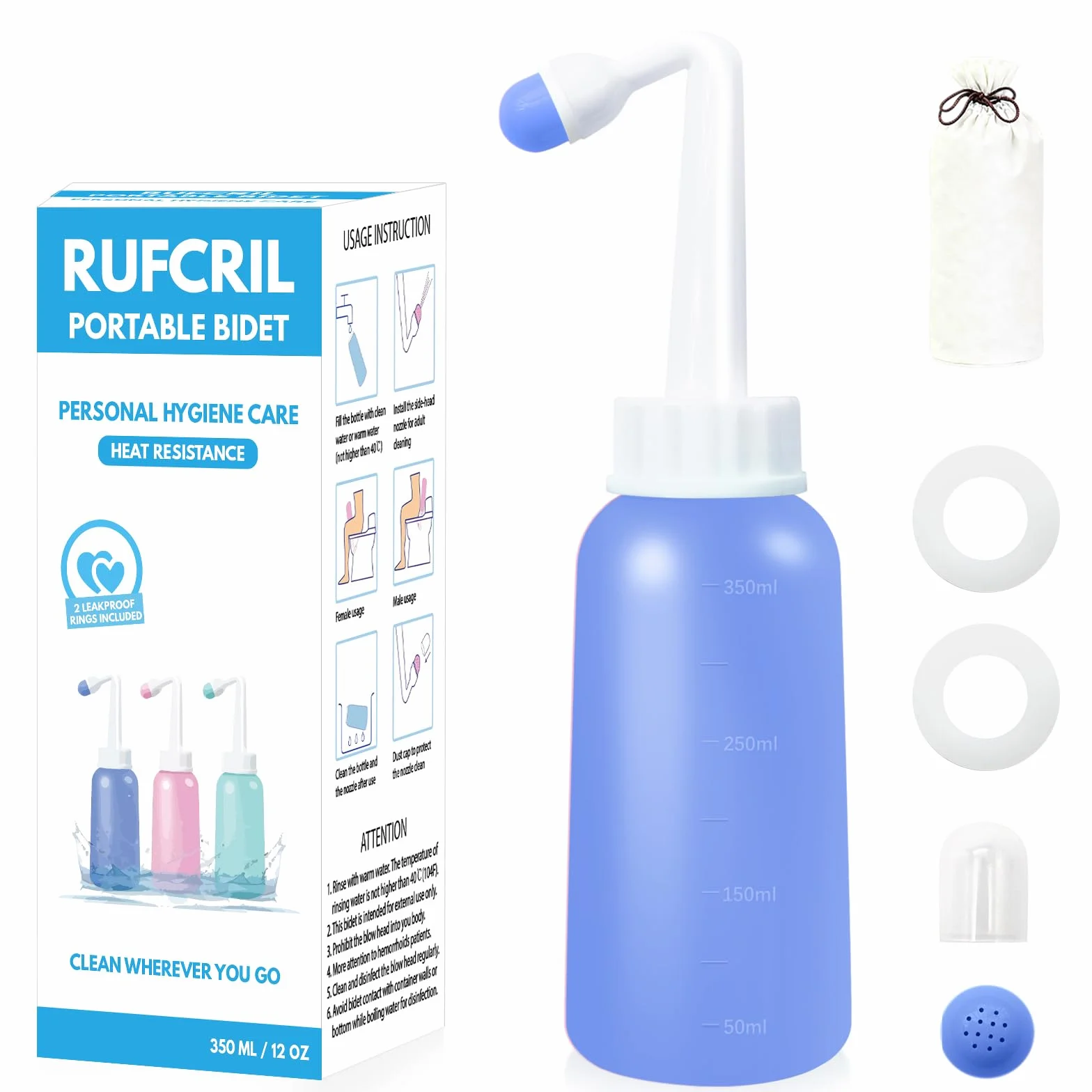 RUFCRIL Mini Peri Bottle, 350 ml, przenośny bidet podróżny z dodatkowym pierścieniem i torbą do przenoszenia, materiał TPE odporny na wysokie temperatury, niezbędne do pielęgnacji krocza, leczenia