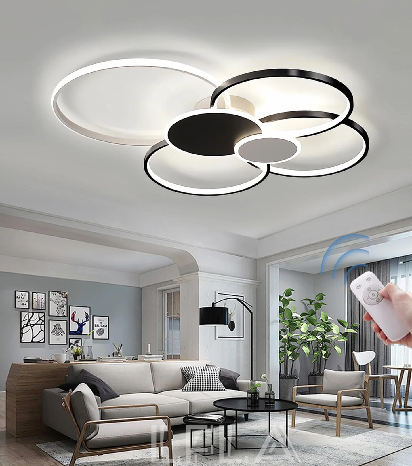 Ściemnialna lampa sufitowa LED Salon Nowoczesne oświetlenie sufitowe Kreatywna 6-pierścieniowa lampa sufitowa z pilotem Oświetlenie wnętrza Sypialnia Jadalnia Kuchnia Lampa (Czerń & Biały, 80cm)