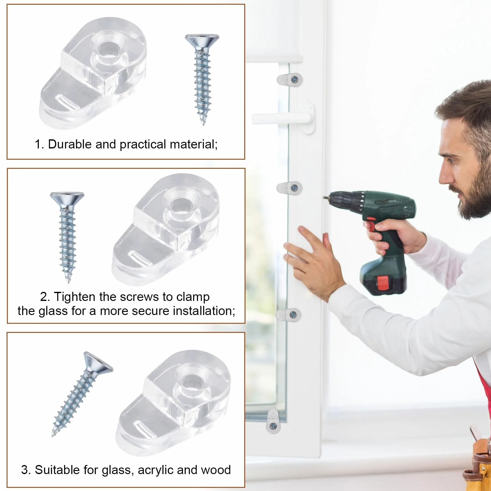 20 Szt. Klipsy Mocujące do Szkła, 2x1,1cm Plastikowe Klipsy do Paneli Szklanych Klipsy do Uchwytów Luster ze Śrubami do Mocowania Okna Szkło Drzwi Szafek (Przezroczyste)