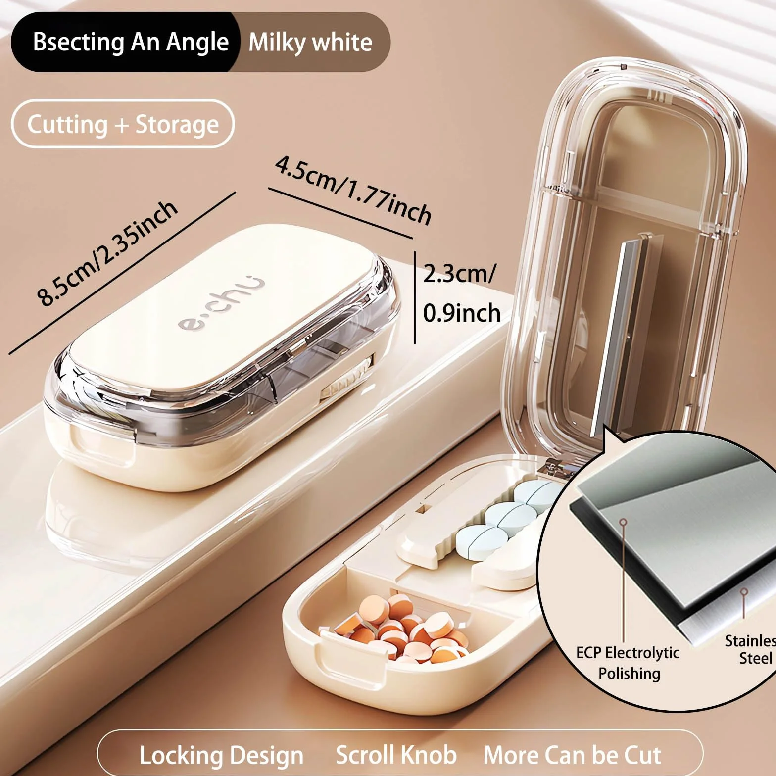 Pill Splitter Tablet Cutter 2 in 1 Off-White with Brush for Small Large Pills Storage Travel Pet