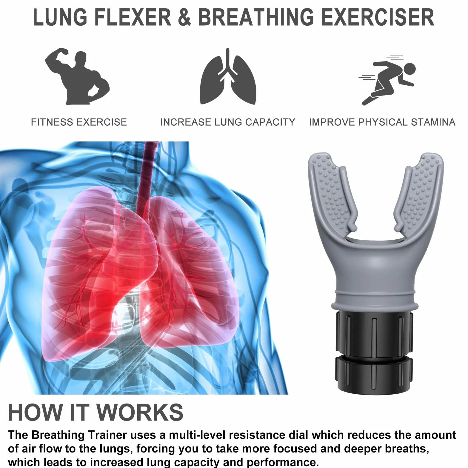 Oxyfit trener płuc z regulowanymi oporami, przyrząd do ćwiczeń oddechowych szary