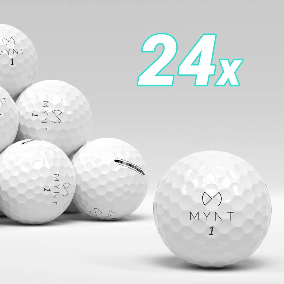MYNT Piłki golfowe do golfa, 24 sztuki, w zamykanej siatce, białe, 2-warstwowe, Surlyn, dystans, miękkie, maksymalna długość, najlepsze profile, profesjonalne, prezent do golfa, premium