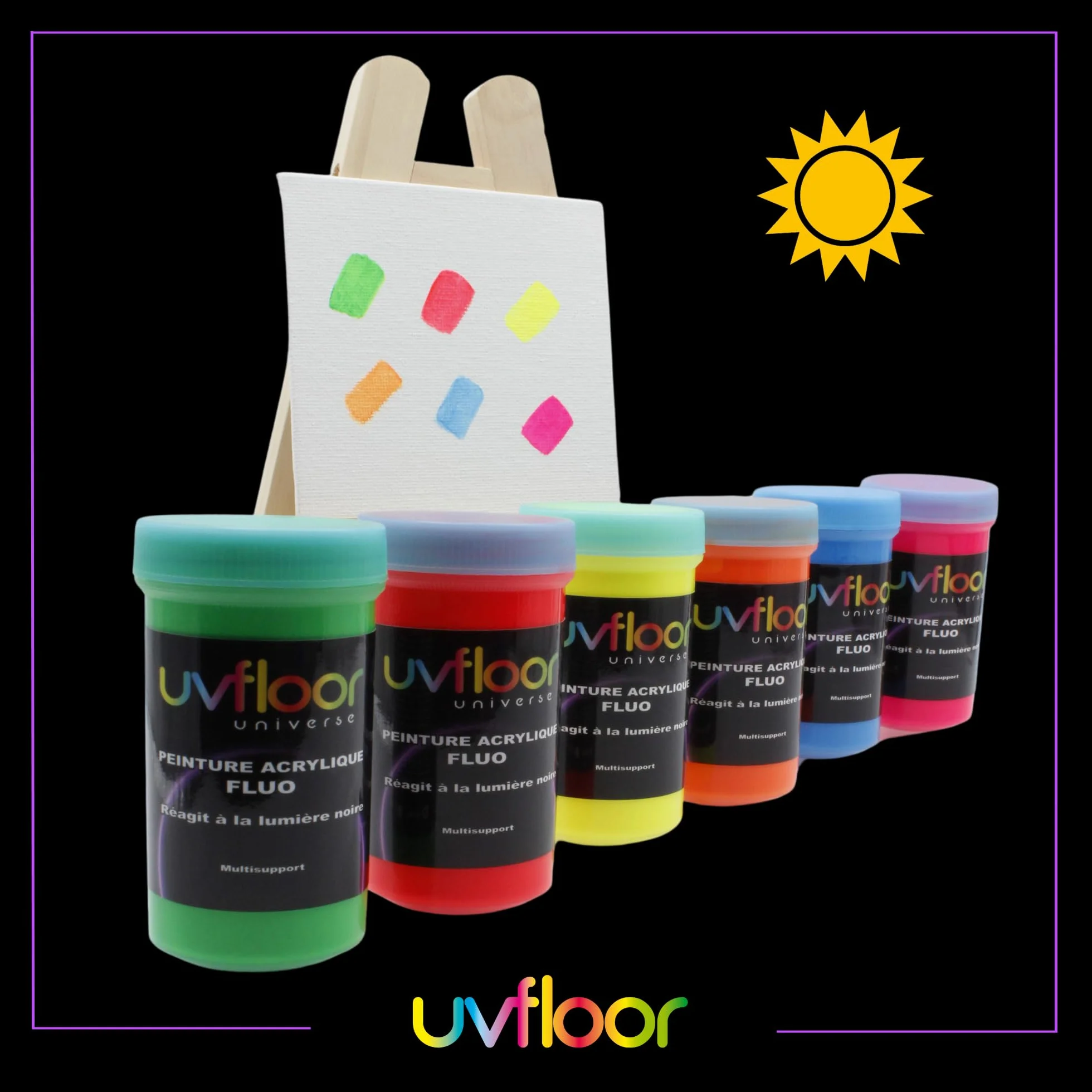 UV FLOOR - Zestaw startowy Fluo Farba akrylowa - Specjalne czarne i ultrafioletowe światło - Błyskotliwe - Fluid I Ultra Pigmentowane - Fluorescencyjne - 6 x 100ml