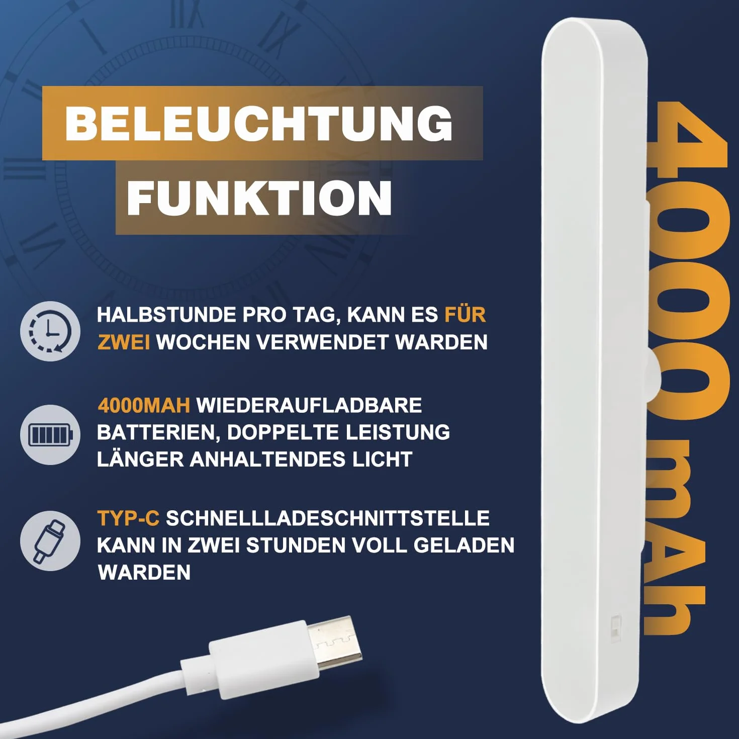 Oświetlenie toaletki LED, 4000 mAh, oświetlenie lustra, oświetlenie lustra, bez kabla, zdejmowana lampa obracana o 360°