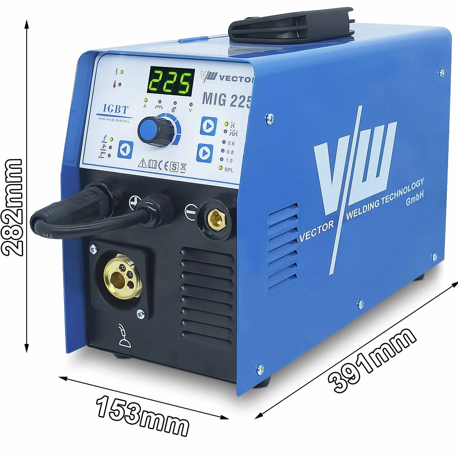 Spawarka spawalnicza spawarka gazowa ochronna 225 A, MIG MAG spawarka inwerter z funkcją spawania elektrodowego i samochodem. Podawanie drutu, 2 i 4-suwowe, VECTOR WELDING