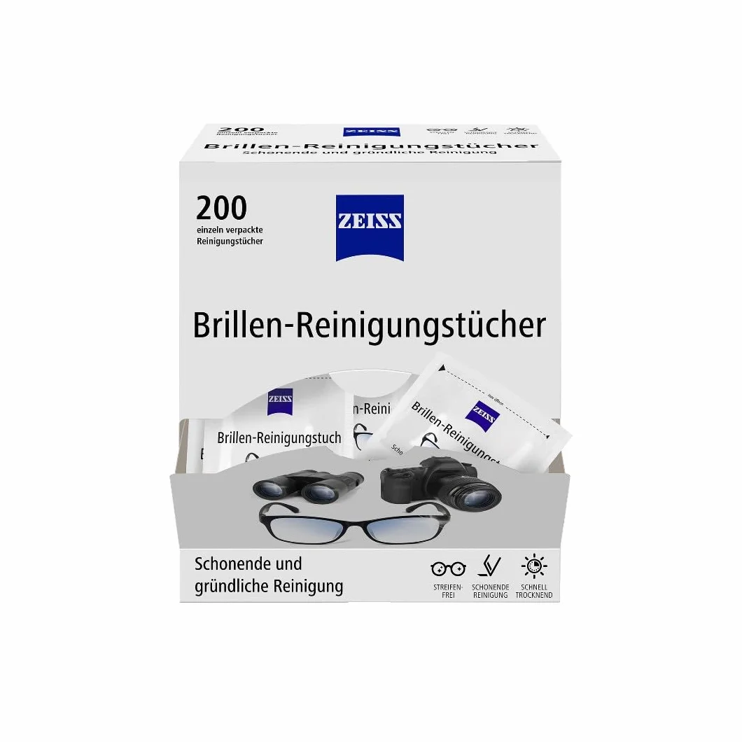 ZEISS 0666-762, Ściereczki do czyszczenia okularów z alkoholem do delikatnego i dokładnego czyszczenia okularów – każda ściereczka jest zapakowana pojedynczo – 200 sztuk, przezroczysty