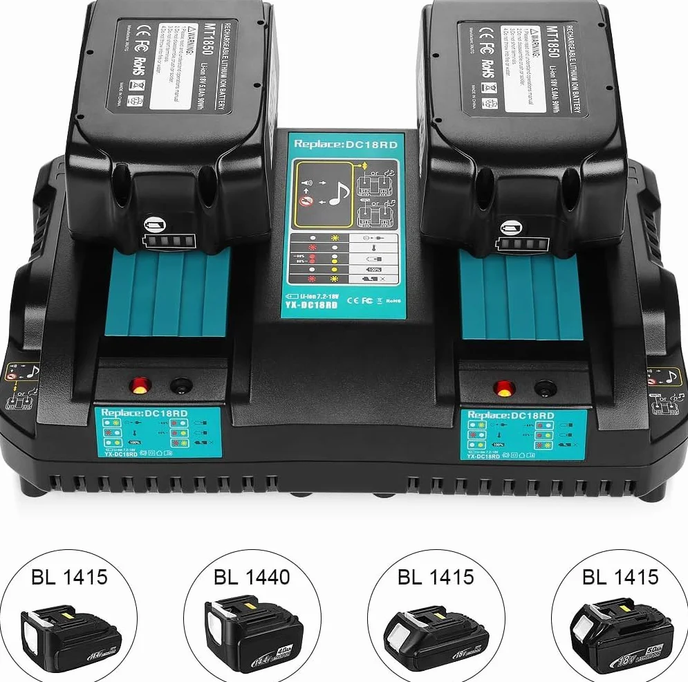 Ładowarka DC18RD 14,4V-18V Dual Port szybka ładowarka do akumulatora BL1850B BL1850 BL1860B BL1860 BL1840B BL1835 BL1815 BL1415 BL1430 BL1440 BL1450 kompatybilna z akumulatorem Makita 18 V