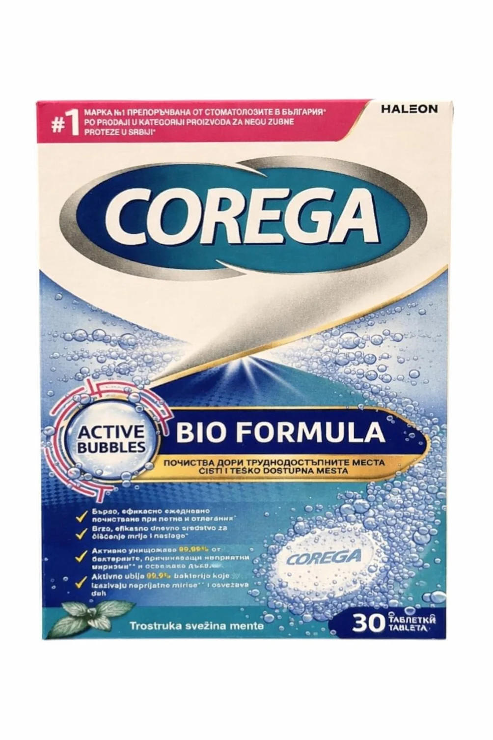 Corega Tabletki wybielające do czyszczenia zębów, 30 szt., tabletki rozpuszczalne Bio Formuła, do czyszczenia protez, 1 szt