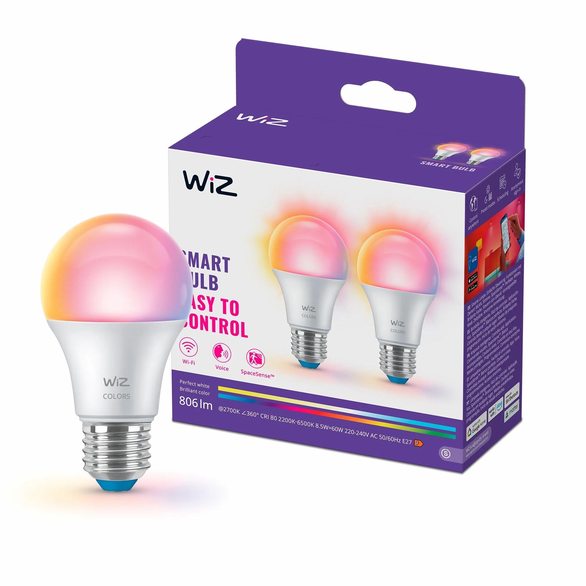 Żarówka WiZ Smart LED A60, kolor i regulowany odcień białego światła, trzonek E27, odpowiednik 60 W, 2200K–6500K, 806 lumenów, przyciemn, działa z Alexą, Google Assistant i Apple Home, op. 2 szt.
