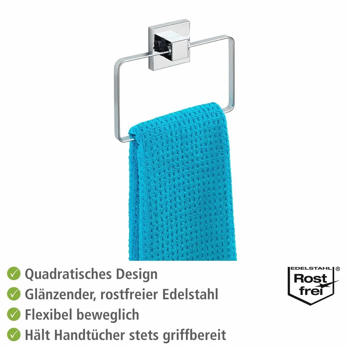 WENKO Vacuum-Loc® Pierścień na ręczniki ścienne, Quadro, wieszak na ręczniki do łazienki i kuchni, mocowanie próżniowe, bez wiercenia, z nierdzewnej, błyszczącej stali nierdzewnej, 18,5 x 14 x 3,5 cm