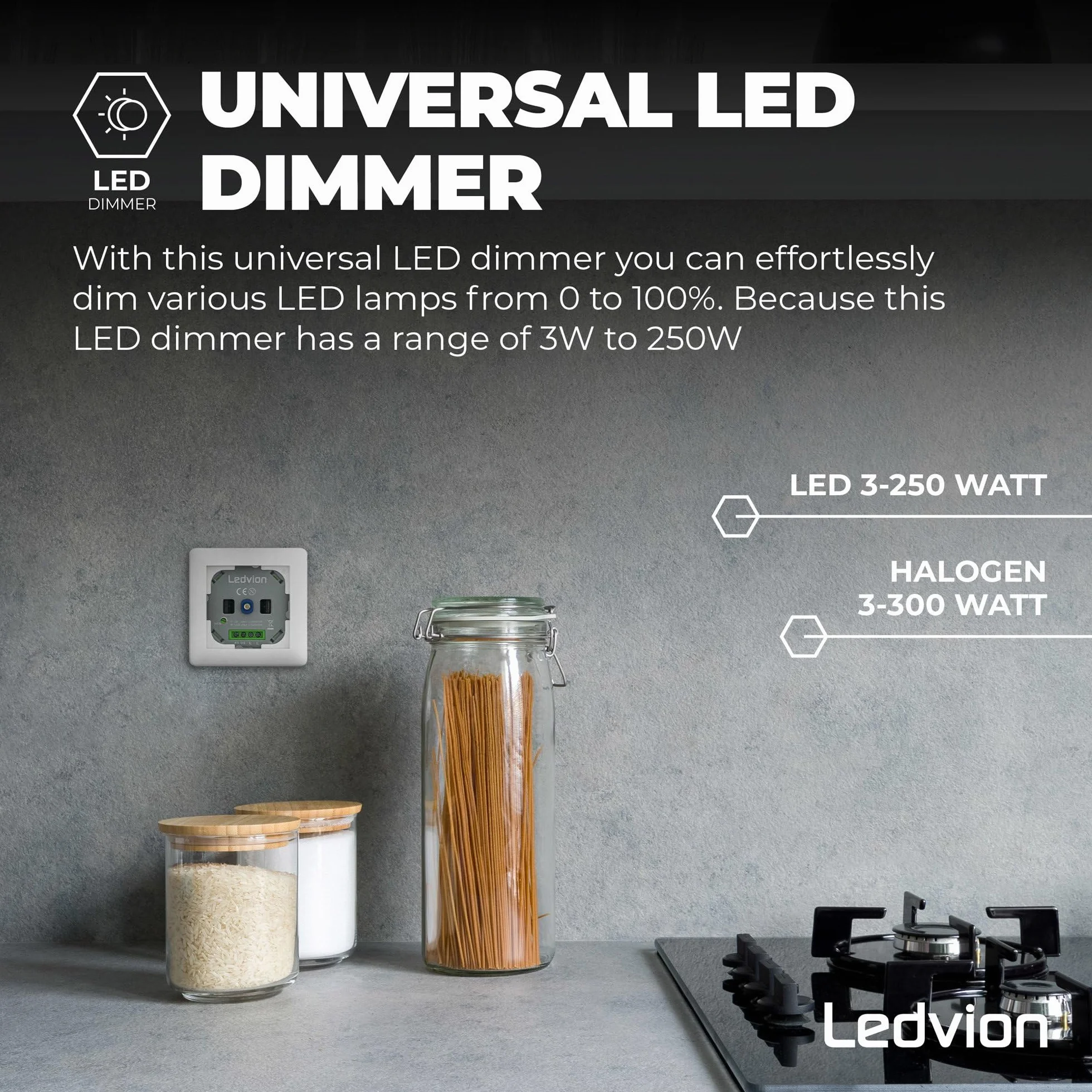 Ledvion Przełącznik ściemniacza LED, LED 3-250 W/halogenowe 3-300 W, biała pokrywa, cięcie fazowe, wbudowany obrotowy ściemniacz, wariator obrotowy LED