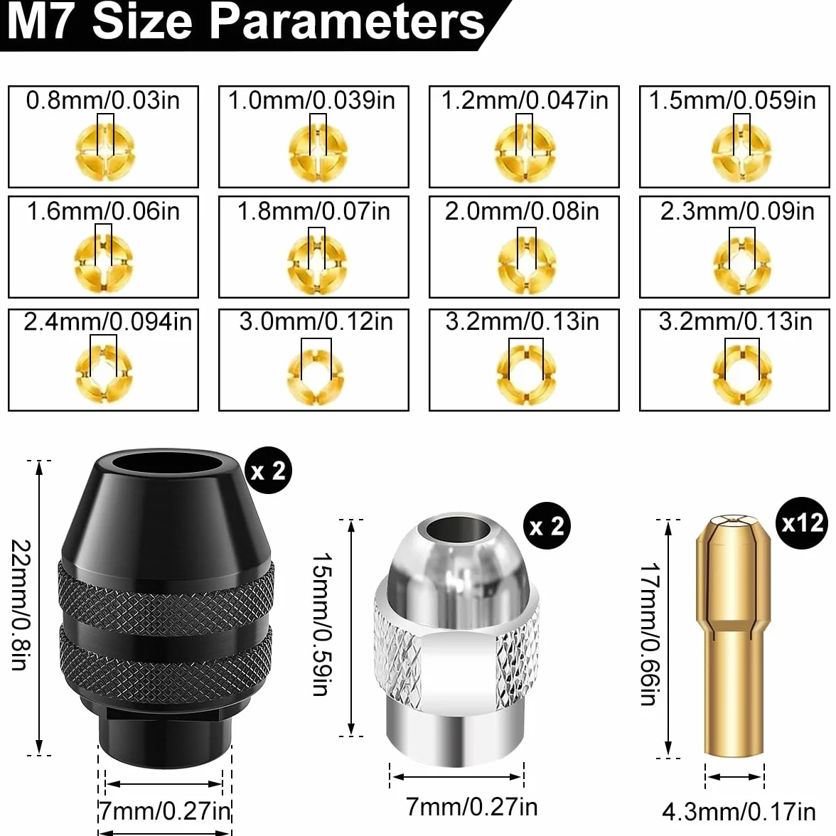4486 Multi Chuck Set Akcesoria, uchwyt wiertarski M7, mosiężne tuleje wiertarskie 0,8-3,2 mm, metalowa nakrętka 4485, bezkluczykowy uchwyt do szybkiej wymiany, narzędzie obrotowe do Dremel