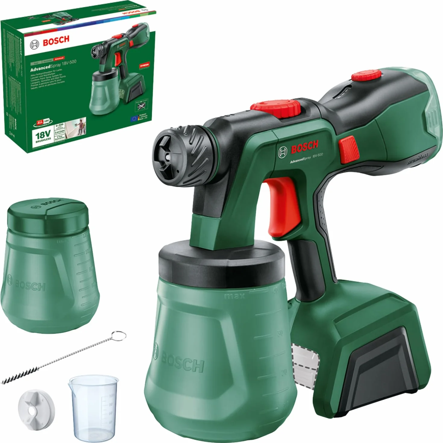 Bosch akumulatorowy pistolet natryskowy AdvancedSpray 18V-500 (do farb dyspersyjnych/lateksowych, lazur i lakierów, 3m²/min, 2 pojemniki 1 200 ml, system 18V, bez akum.)