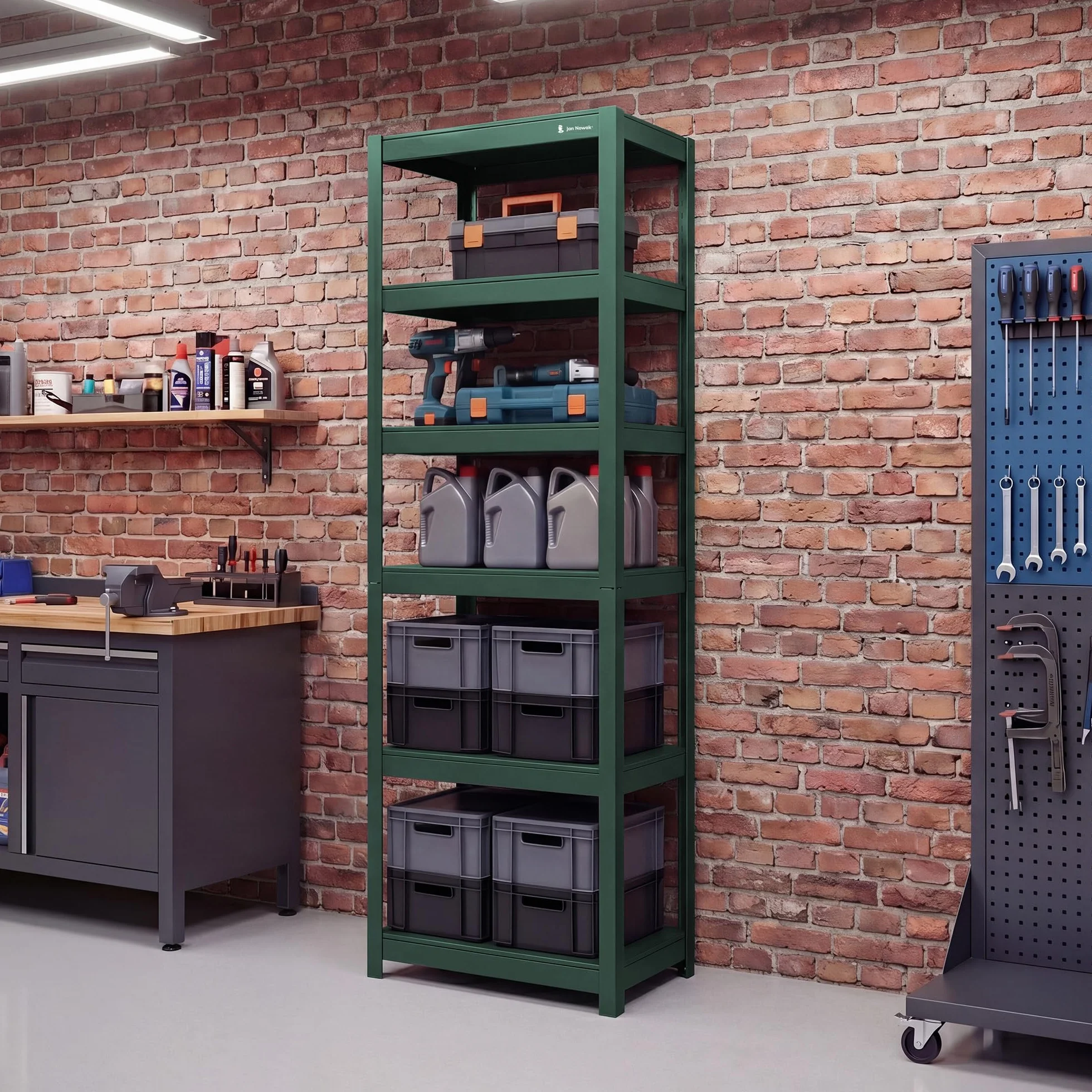 Jan Nowak Metalowy wąski 6 półek regulowanych 50 kg do półki, oszczędność miejsca, warsztat garażowy, magazyn, wytrzymała stal system wtykowy, 200 x 60 x 40 cm