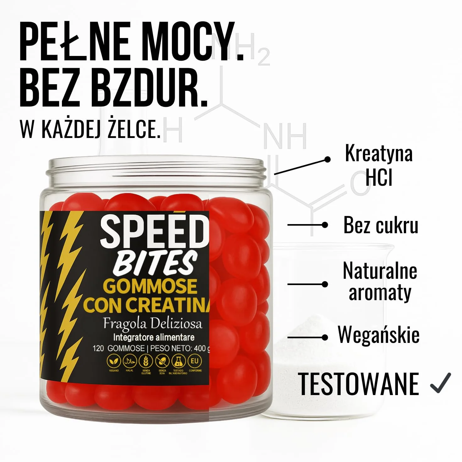 Kreatyna HCl Żelki 1600 mg 120 Żelków Wegańskie Bez Cukru Wysoka Przyswajalność Siła Energia Regeneracja