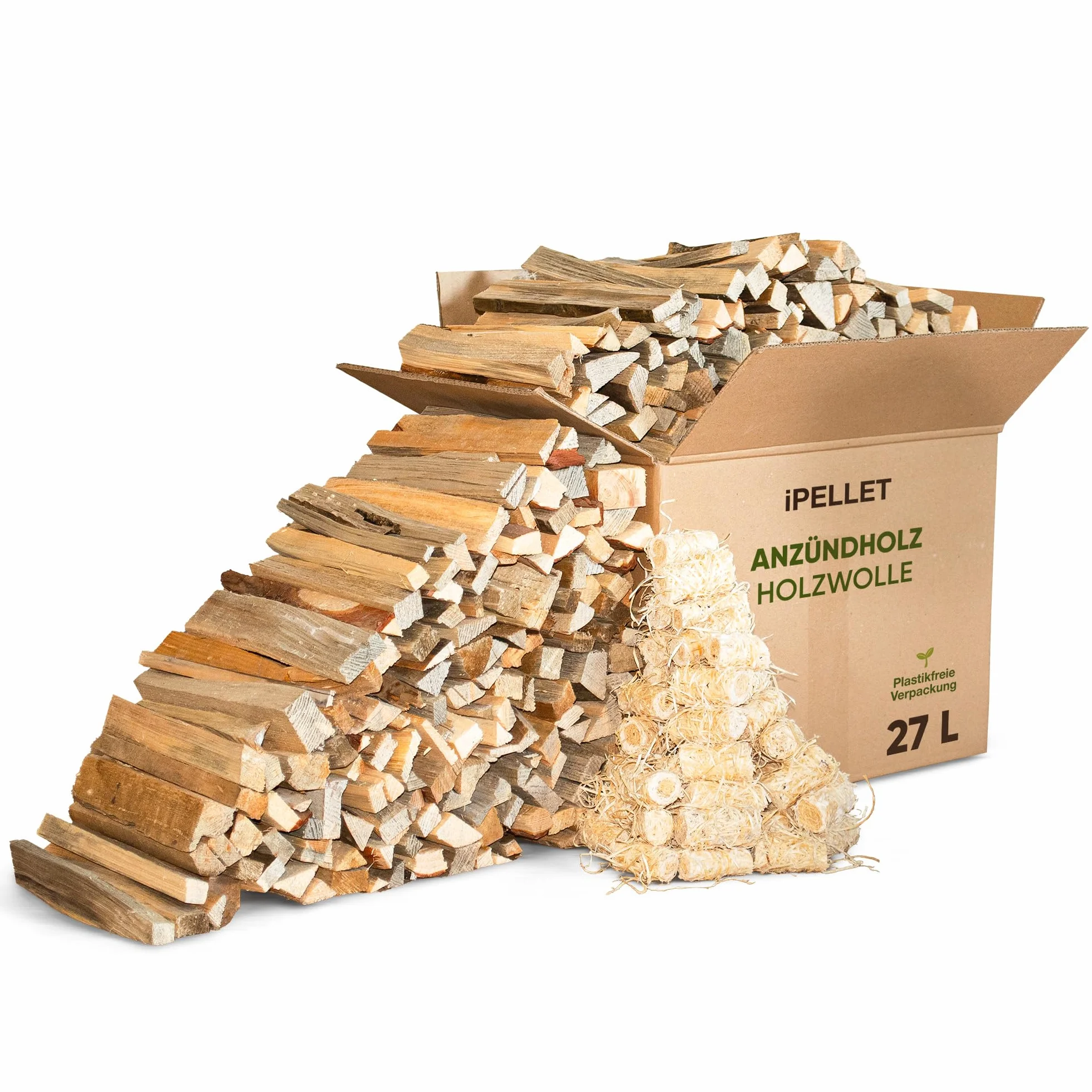 Podpałka z drewna sosnowego, pojemnik 27 l (ok. 7 kg) z podpałką z wełny drzewnej | produkt naturalny, podpałka do kominka do pieca, grilla i paleniska
