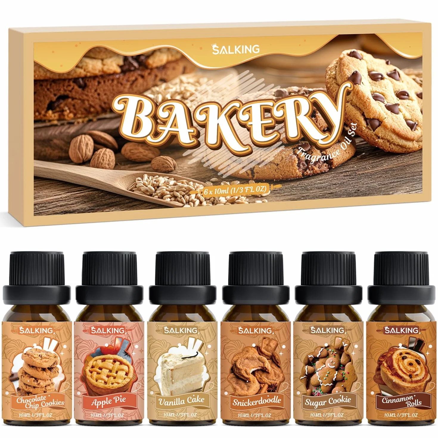 SALKING Zestaw olejków eterycznych do pieczenia, aromaterapii, zestaw prezentowy, olejki zapachowe do dyfuzora, 6 x 10 ml czekoladowe ciasteczka, jabłecznik, bułeczki cynamonowe, ciasto waniliowe