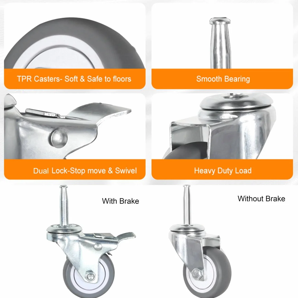 2-calowe kółka skrętne z trzpieniem, 5/16" x 1-1/2" (średnica trzpienia 5/16", długość 1-1/2") Zestaw 4 kółek zapasowych z TPR (z gniazdami) (2,0-calowe szare kółko TPR z hamulcem)