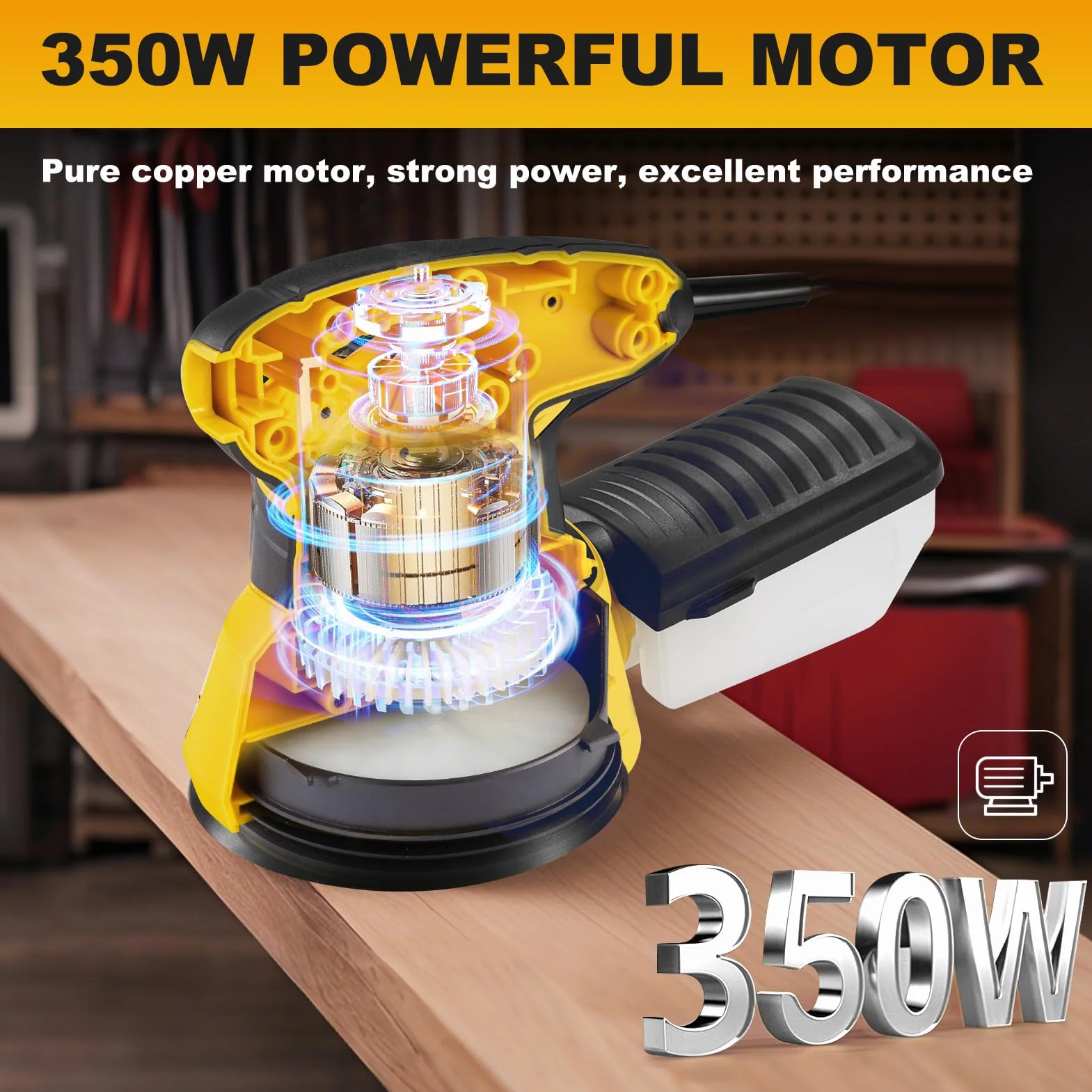 Enventor Szlifierka mimośrodowa 125 mm, 350 W, 6000-13000 OPM, 6 biegów, wielofunkcyjna szlifierka z odsysaniem i pojemnikiem na kurz, szlifierka w zestawie 20 sztuk papieru ściernego do powierzchni