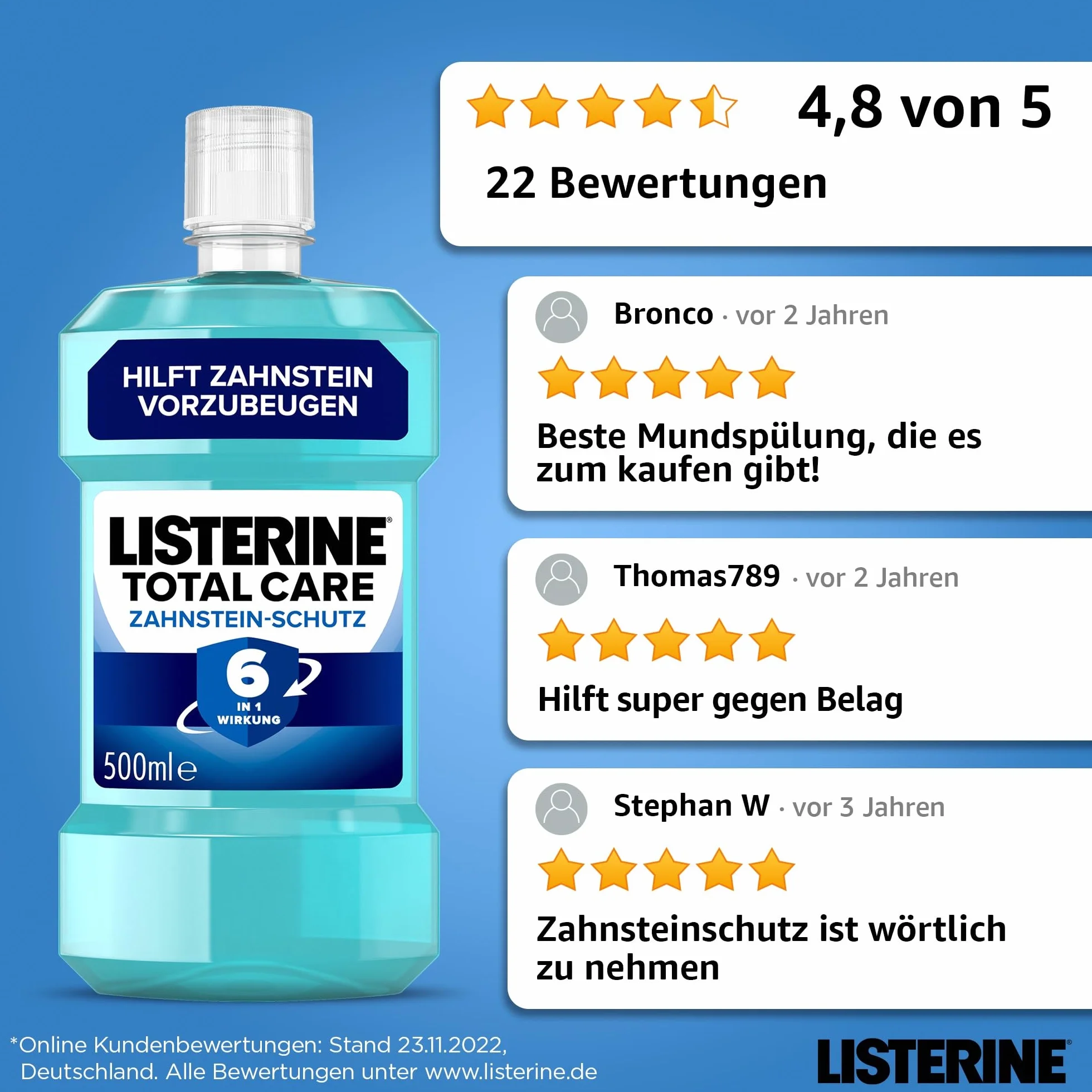 LISTERINE Total Care ochrona przed kamieniem nazębnym 500 ml, ochronny płyn do płukania jamy ustnej z efektem 6 w 1, antybakteryjny płyn do płukania jamy ustnej chroni przed problemami z dziąsłami
