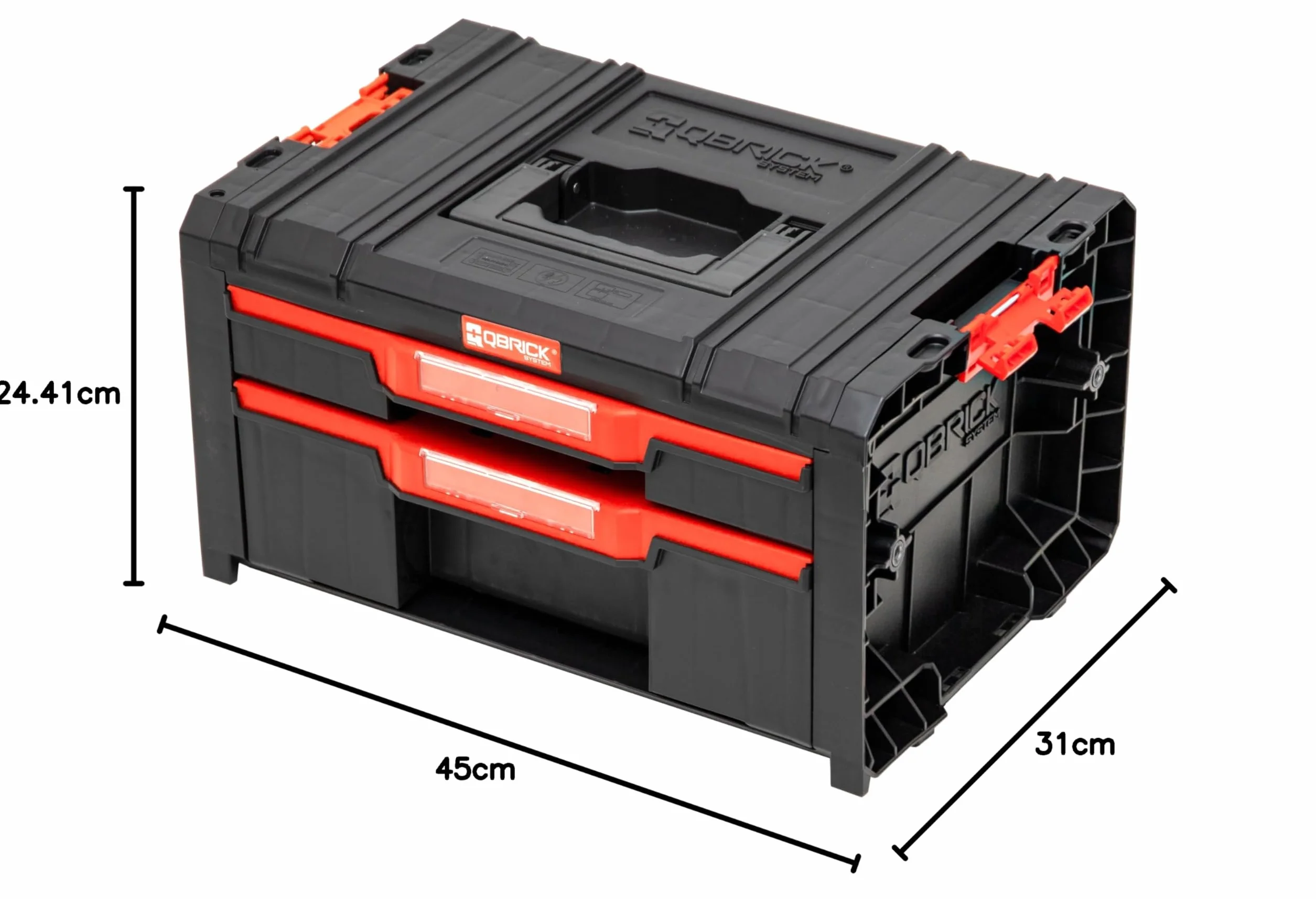Qbrick System Skrzynka narzędziowa skrzynka narzędziowa Pusta skrzynka na narzędzia PRO Drawer 2 Toolbox 2.0 Basic czarna czerwona 450 x 310 x 244 mm