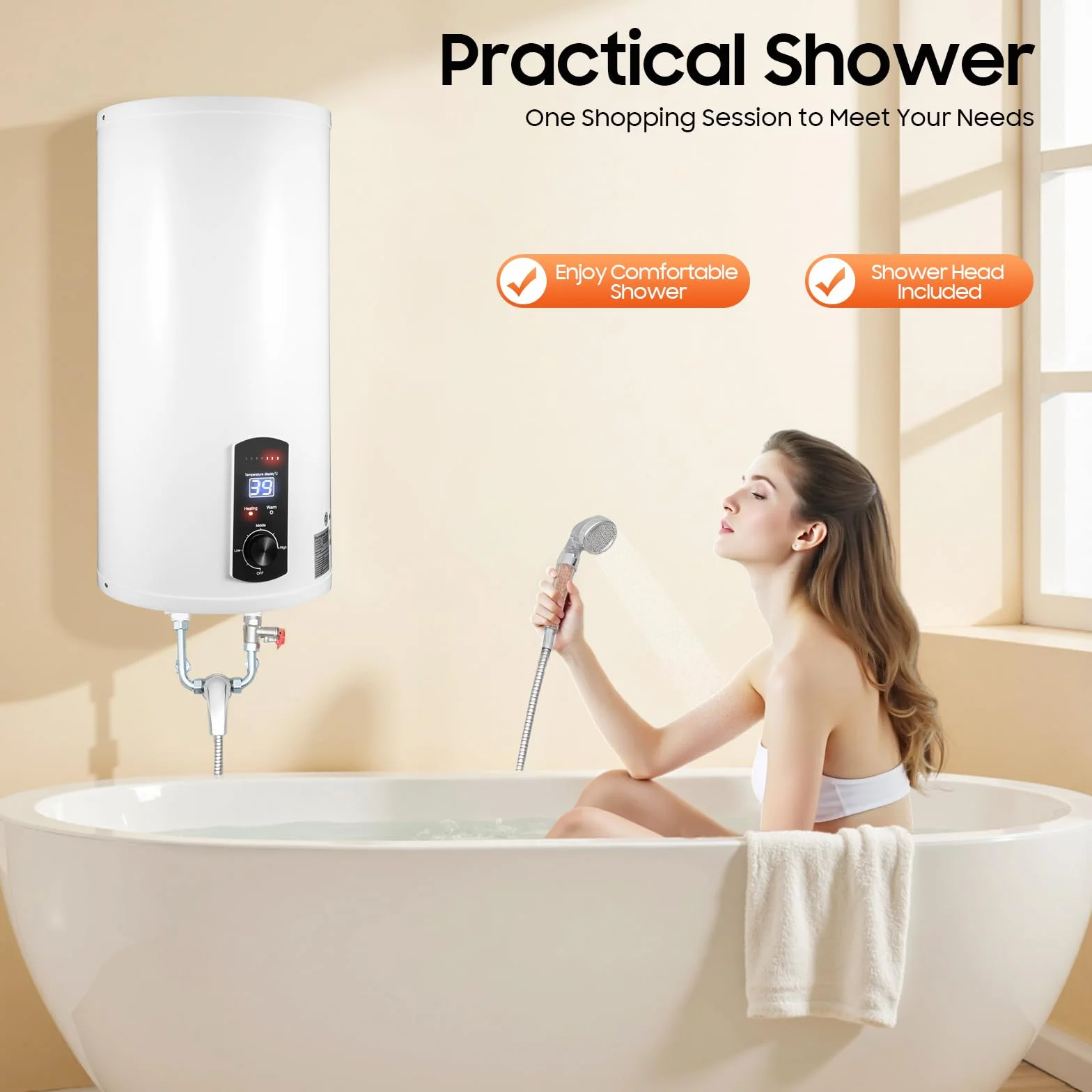 Bojler 50 l, 2 kW, energooszczędny elektryczny podgrzewacz wody 77-167 ℃, z cyfrowym panelem sterowania, zestaw z kranem, słuchawką prysznicową, G1/2