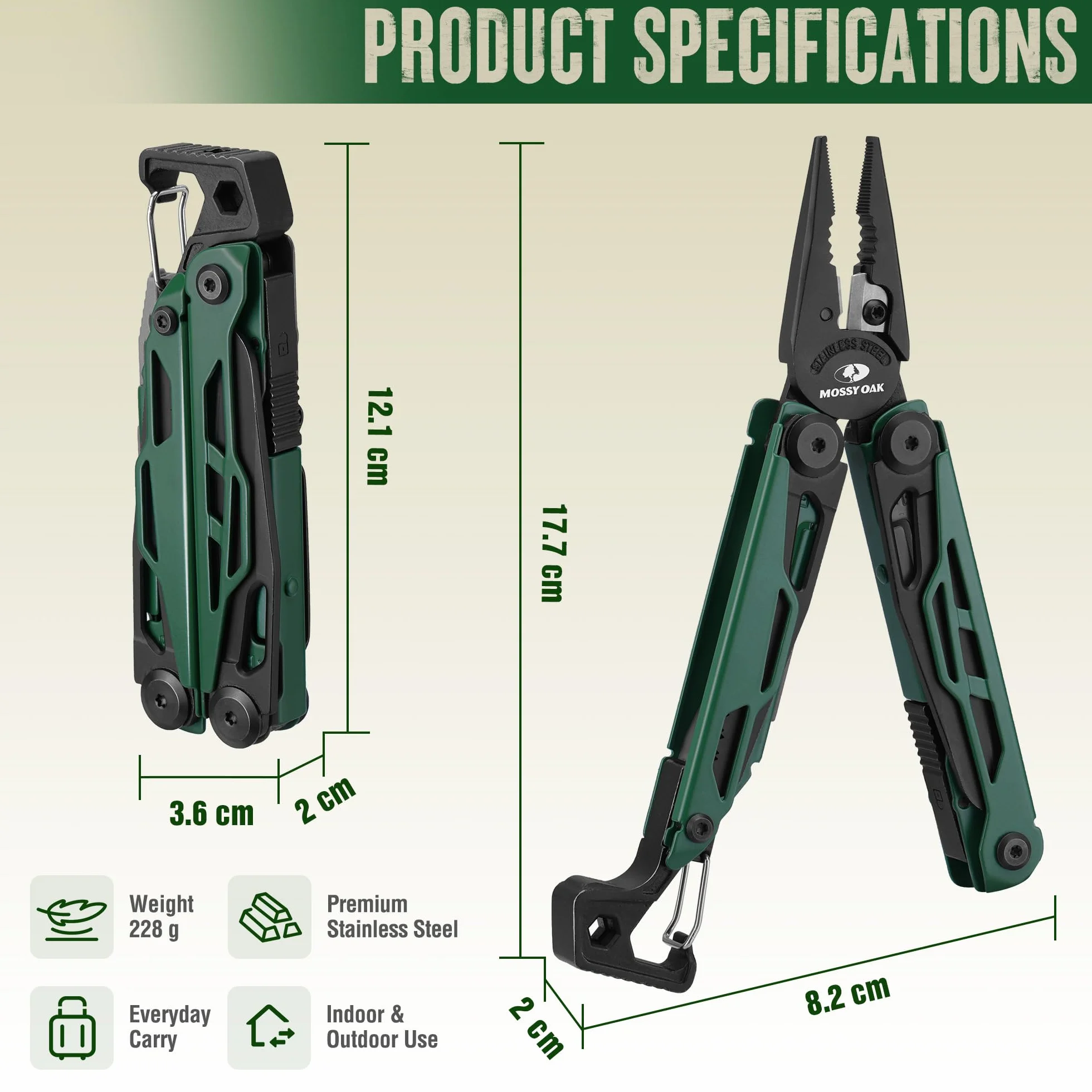 Mossy Oak Szczypce wielofunkcyjne, 27 w 1 narzędzie multitool, składane narzędzie wielofunkcyjne ze stali nierdzewnej, wielofunkcyjne szczypce z 4 bitami, nóż, do wędrówek, kempingu, napraw z torbą do