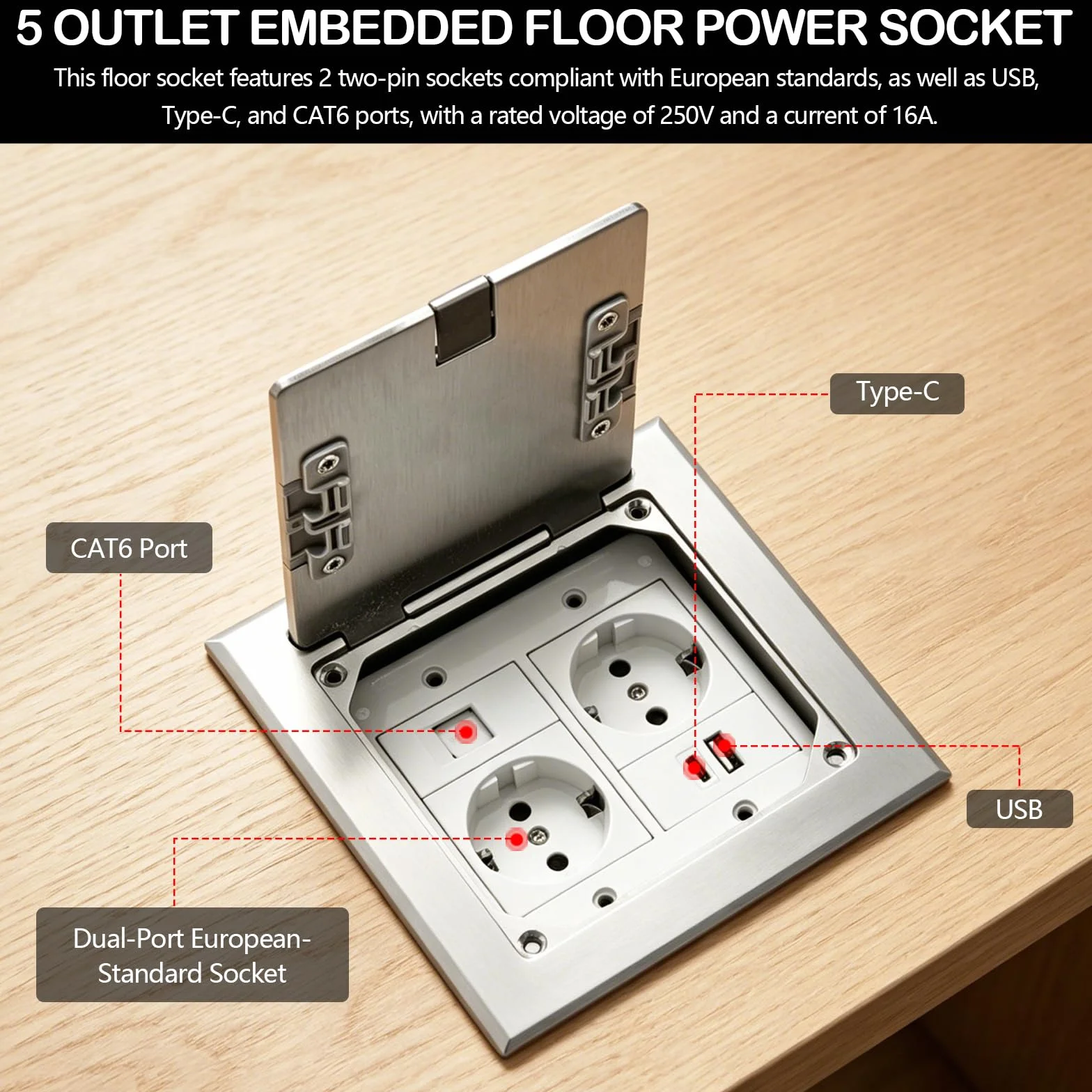 Gniazdo podłogowe do zabudowy, czarne, ze stali nierdzewnej, wodoszczelne, 2 AC + 1 USB + 1 RJ45, wpuszczane gniazdko podłogowe