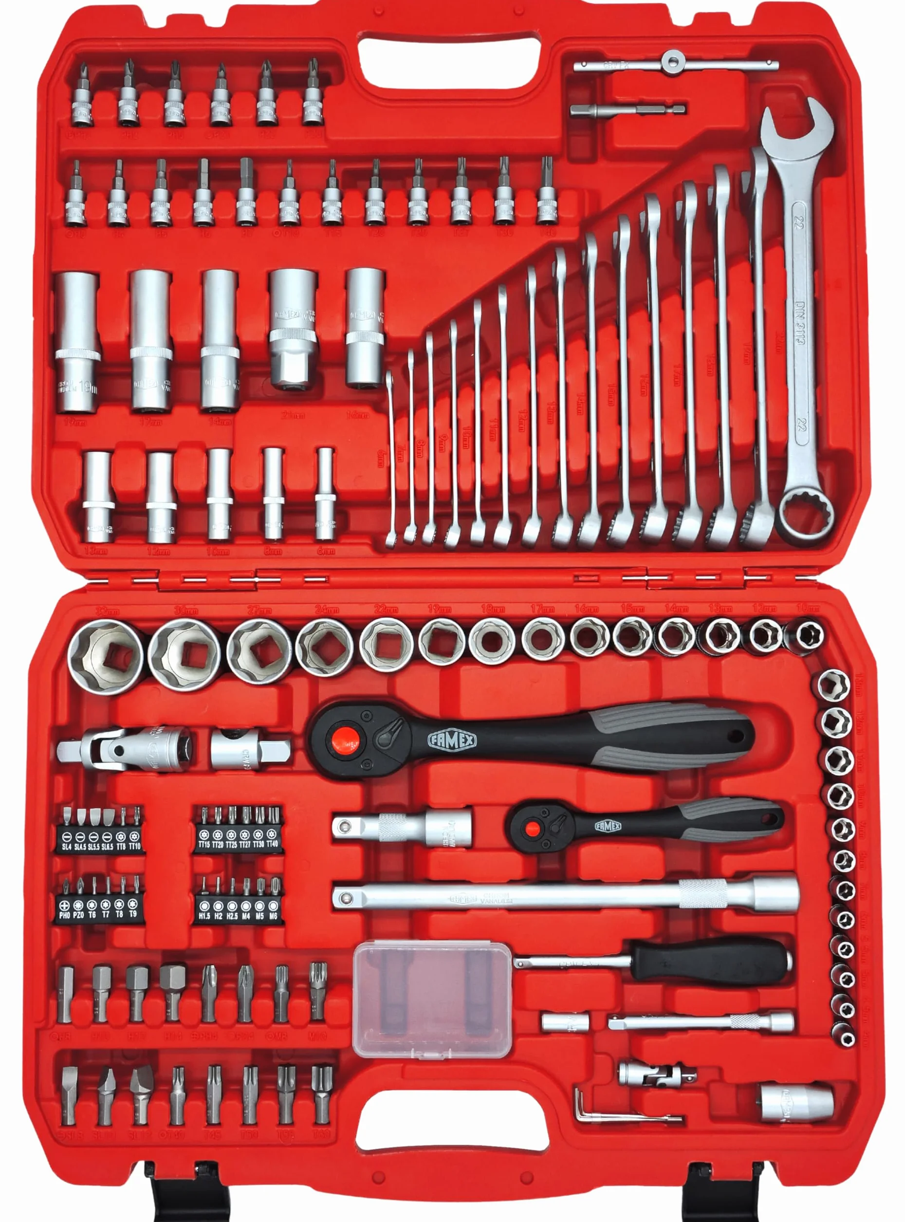 FAMEX 419-43 profesjonalna aluminiowa walizka narzędziowa 191/275-częściowa – z obszernym zestawem narzędzi i zestawem kluczy nasadowych 4-32 mm
