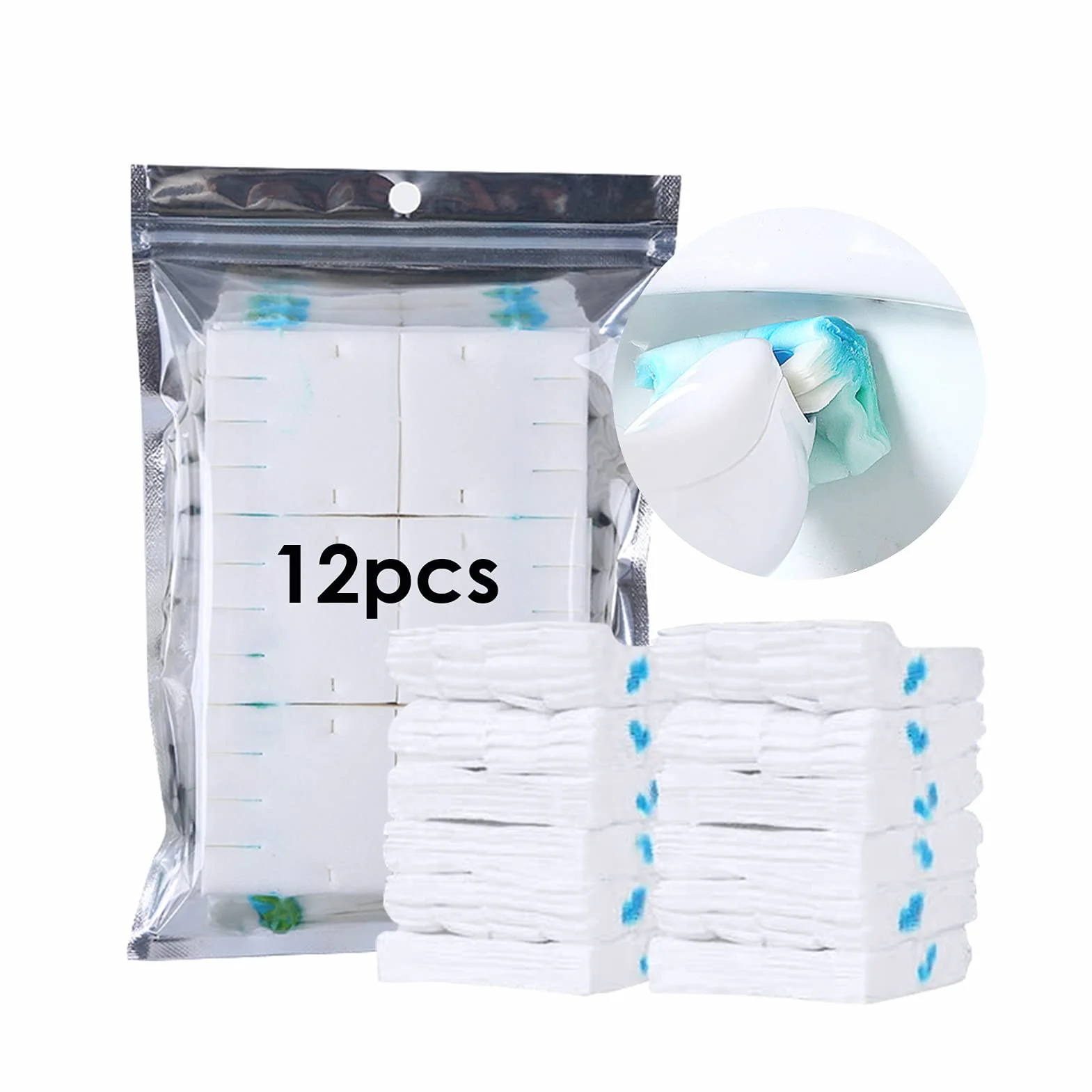 Zestaw do WC szczotka do toalety, jednorazowy system czyszczenia toalety, zmywalna szczotka toaletowa z czystej bawełny ze środkiem czyszczącym, 12 głowic do napełniania dezynfekcji (12 arkuszy
