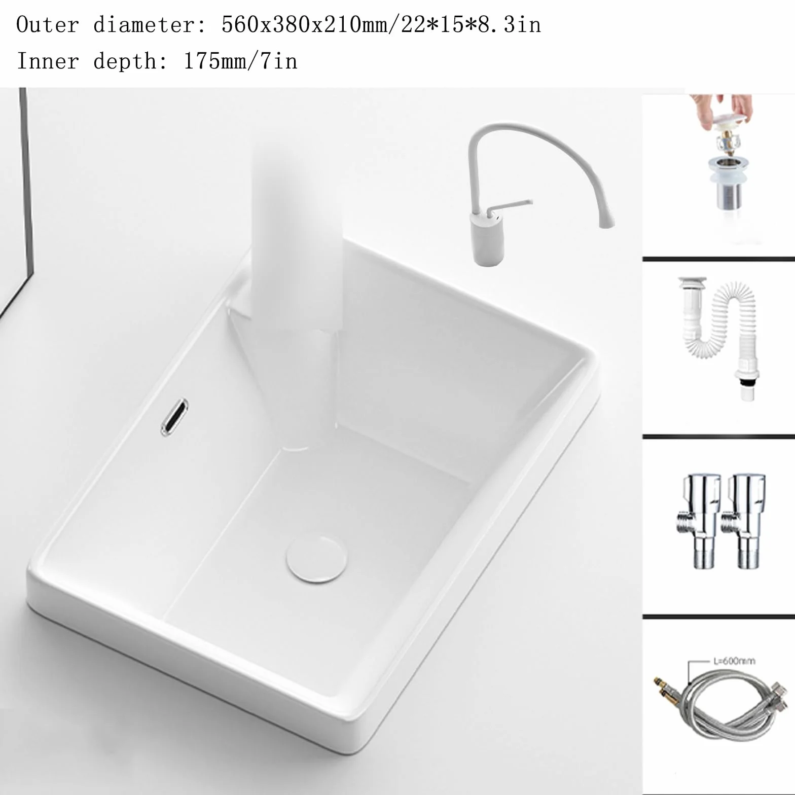 Umywalka Nablatowa, Biała Umywalka Łazienkowa, Prostokątna Ceramiczna Umywalka Nablatowa Z Kranem, Nowoczesna Biała Umywalka Nablatowa, Odpowiednia Do Mycia W H(560X380X210Mm/22158,3 Cala)