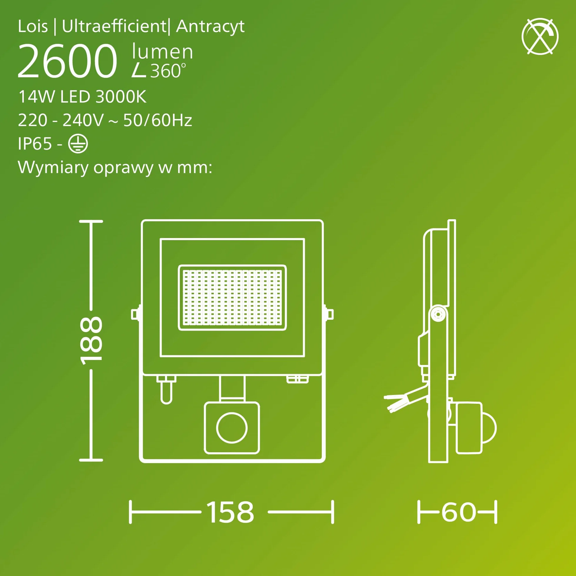 Philips Lois UltraEfficient Zewnętrzna Lampa Floodlight z Czujnikiem, 14 W, 3000 K, Antracytowa