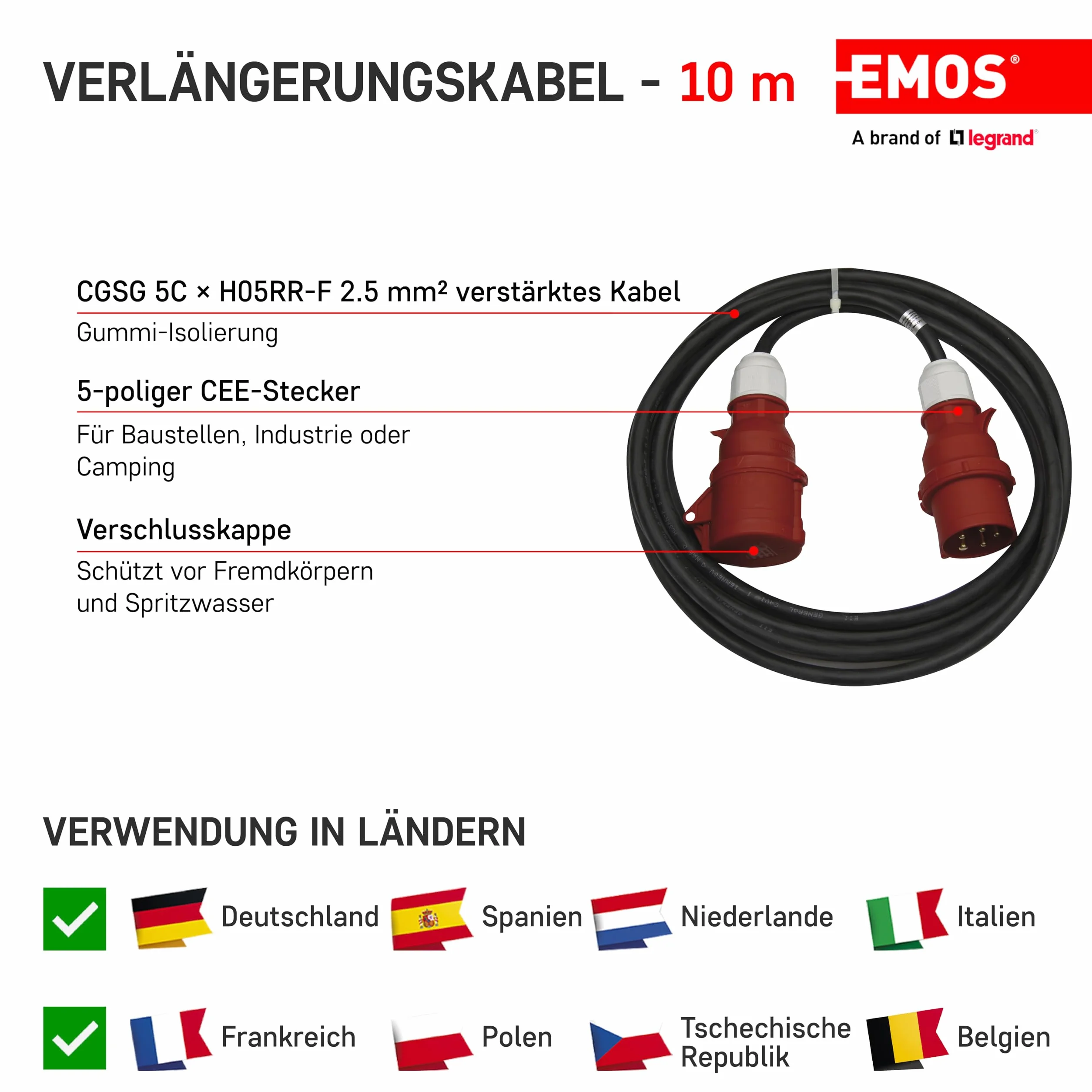 Kabel przedłużający CEE 5-biegunowy wtyk / 10 m / 5x 16 A / 400 V / 3-fazowy / 2,5 mm / IP44 / czarny