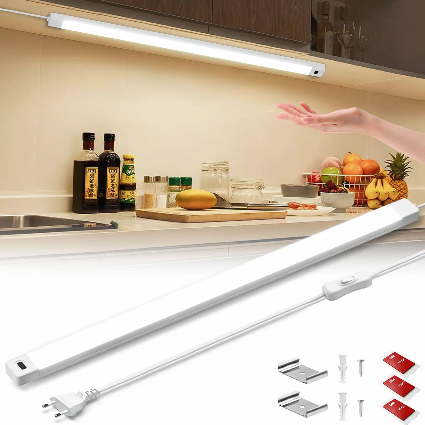 Macchiatto Lampa podszafkowa LED do kuchni, 55 cm, 4000 K (neutralna biel), z czujnikiem bezdotykowym, ultra cienkie światło do szafki pod szafkę, oświetlenie szafki kuchennej, do stołu warsztatowego