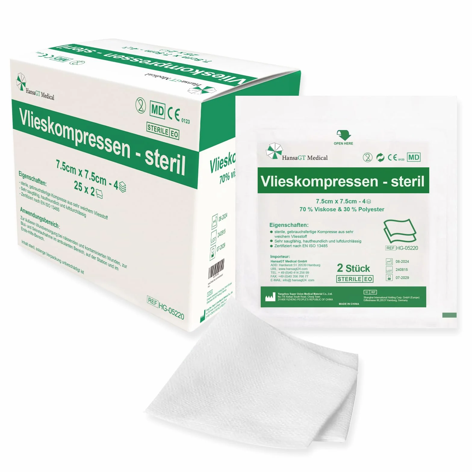 STERIL Kompresy z włókniny 7,5 x 7,5 cm 50 sztuk 4-warstwowe nieprzylepne