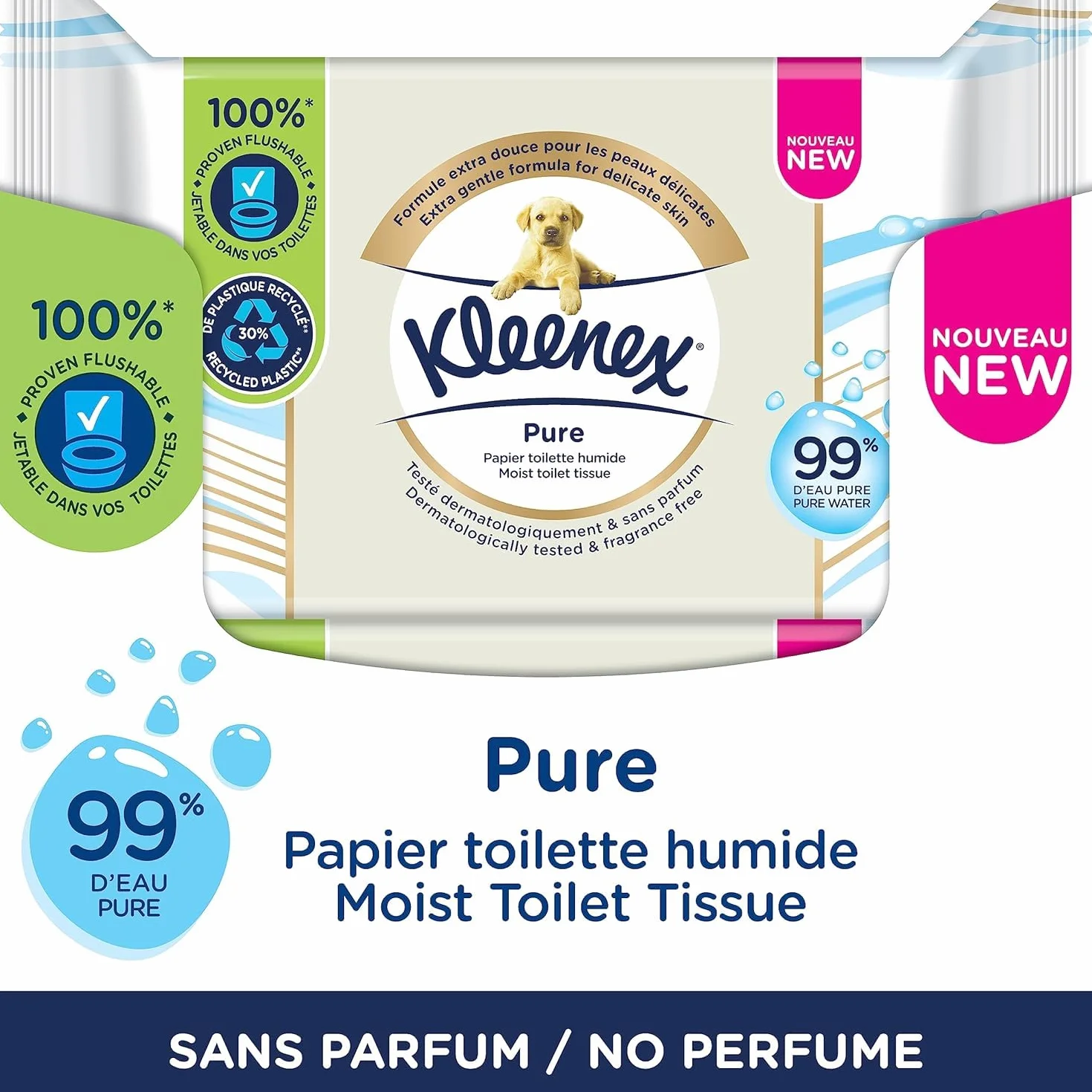 KLEENEX Czysty - Mokry papier toaletowy (12 opakowań po 38 arkuszy), podwójna grubość, jednorazowy w toalecie, bez plastiku, bez zapachu, bez alkoholu, opakowanie nadające się do recyklingu