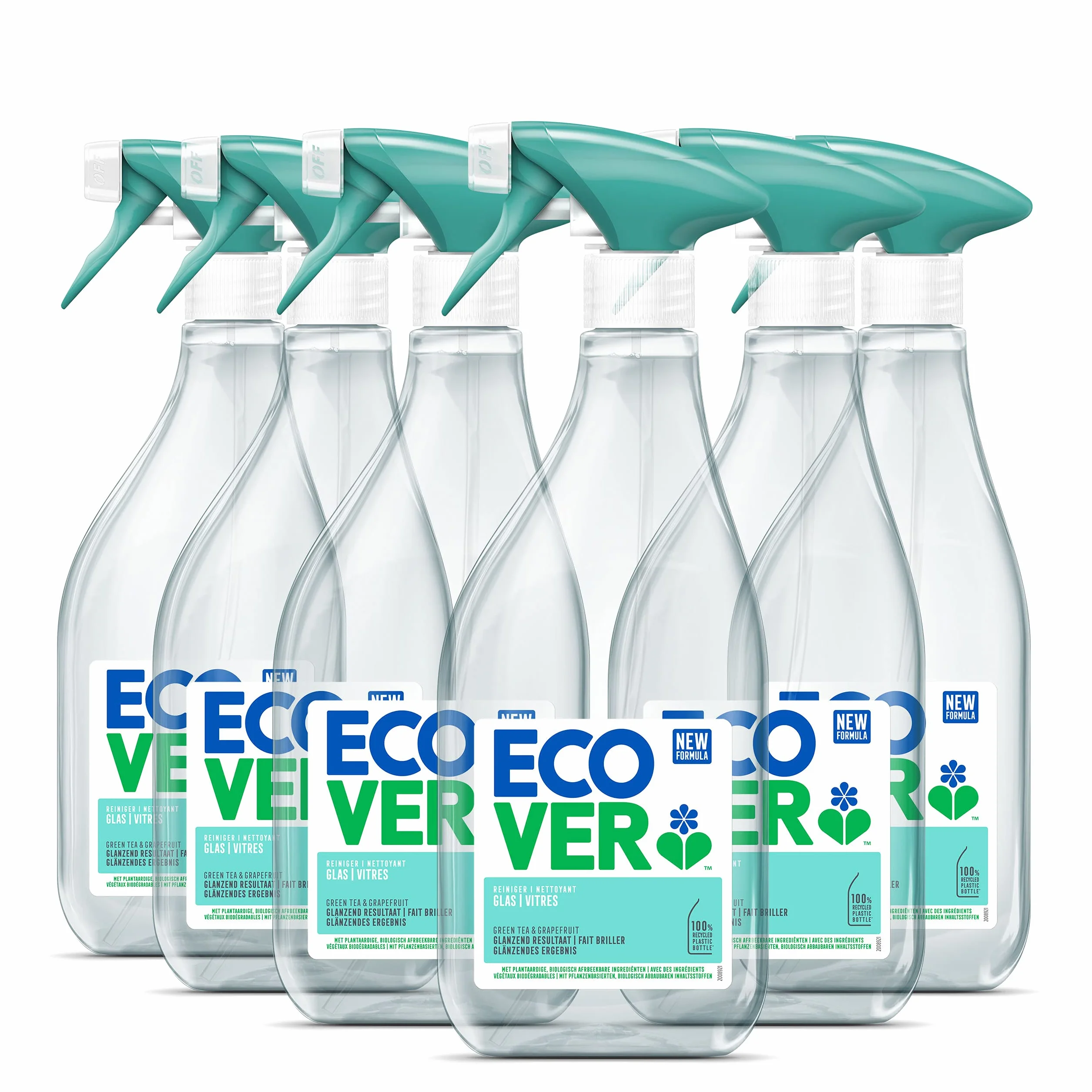 Ecover Spray do czyszczenia szkła do okien bez smug, zapach zielonej herbaty i grejpfruta, 6 sztuk, 6 x 500 ml