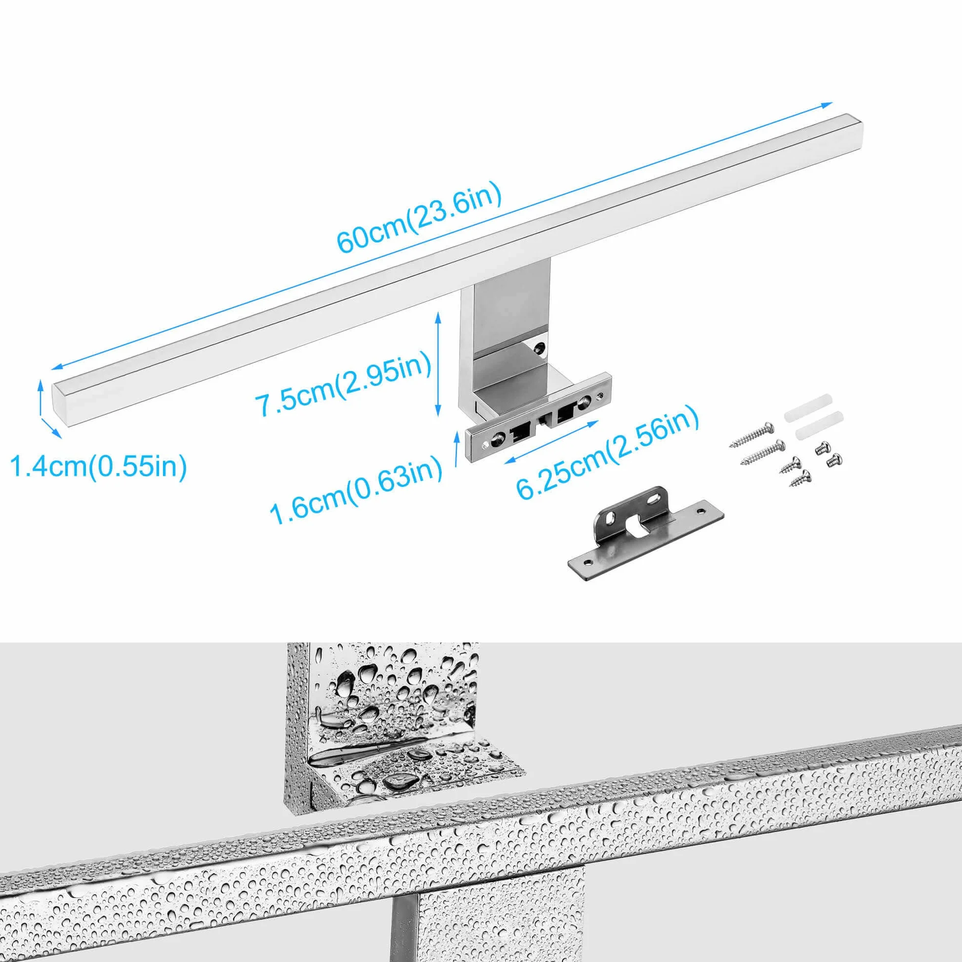 Oświetlenie lustra LED łazienka 10W 820LM 60cm neutralna biel 4000K Azhien, Slim 14mm szerokość montaż 3w1 IP44 230V kinkiet lampa lustrzana 600mm, bez migotania lampki lustrzane szafki łazienkowej