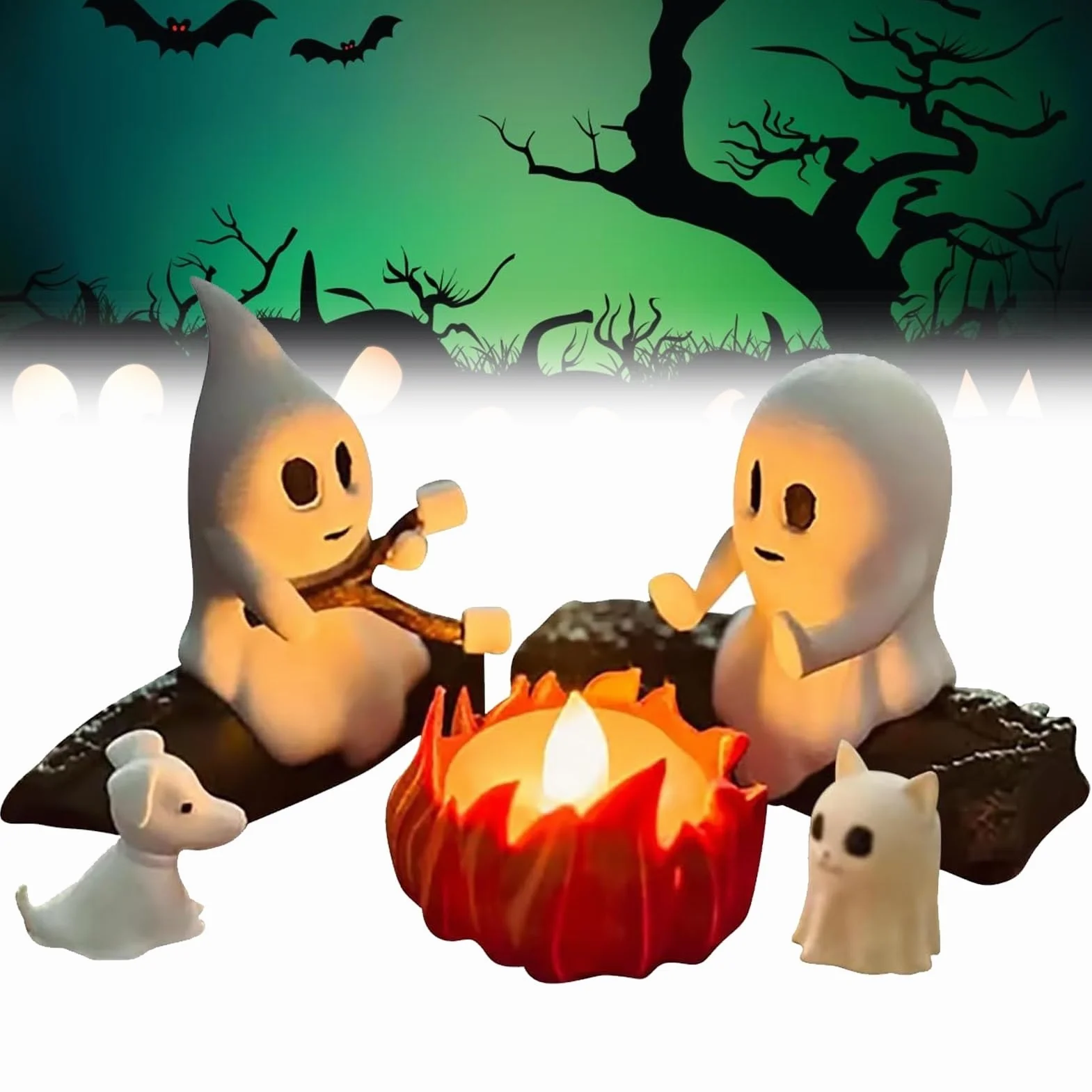 Ghost Campfire lampka nocna, 3D duch, ognisko, migocząca lampka nocna, zabawna dekoracja na Halloween, urocza przytulna upiorna statuetka, lampka nocna do domowego kominka lub biurka (wszystkie)