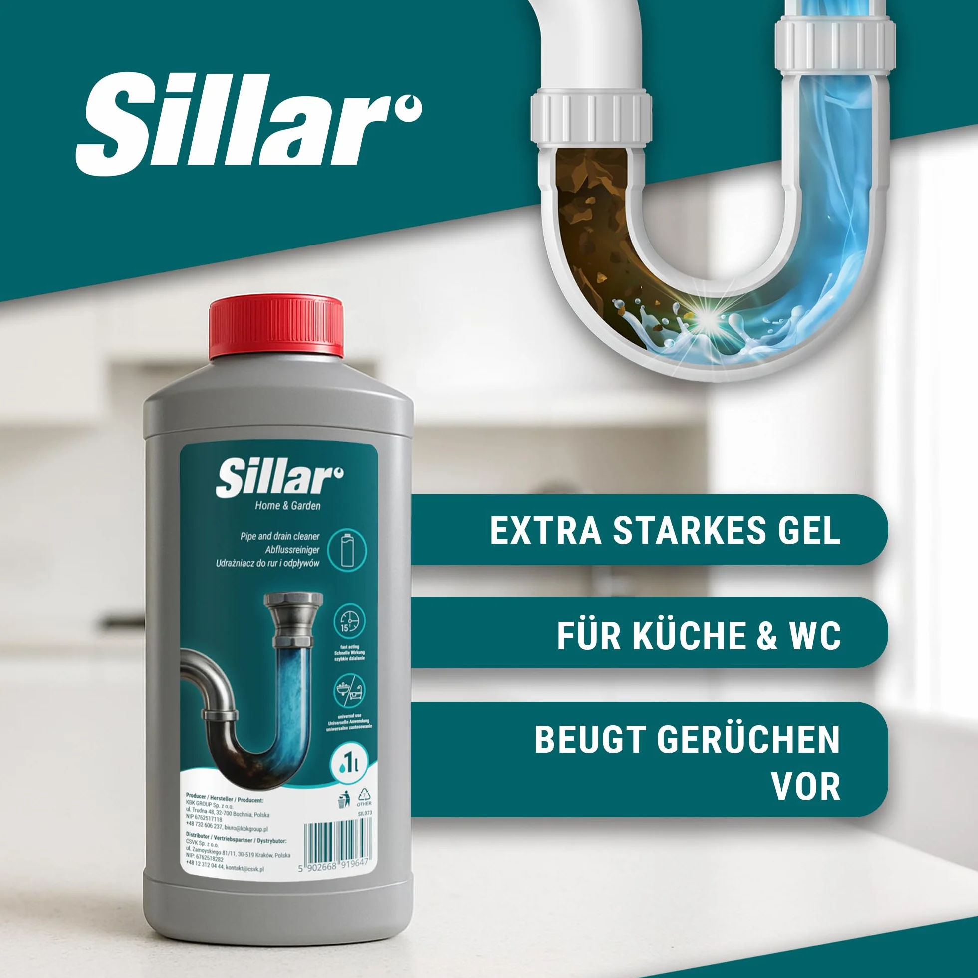 Sillar Żel do udrażniania rur 3x 1000ml EXTRA MOCNY, rozpuszcza włosy, tłuszcz i resztki – do kuchni, prysznica i WC, efekt piany