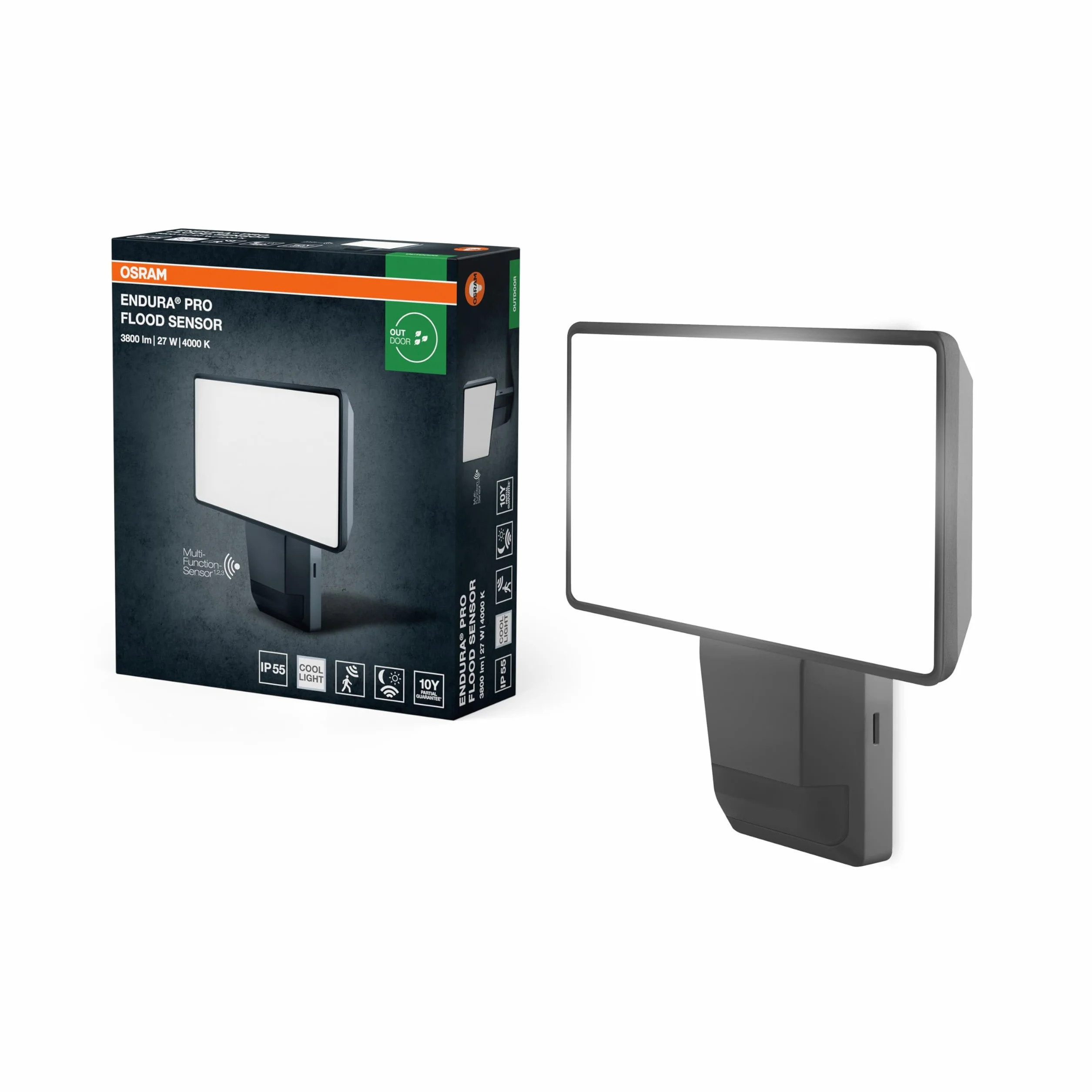 OSRAM ENDURA PRO Bardzo wydajny zewnętrzny reflektor ścienny z czujnikiem ruchu i szerokim kątem świecenia, o innowacyjnej konstrukcji optycznej, 27 W w kolorze ciemnoszarym, stopień ochrony IP55, do | ENDURA PRO czujnik Flood, latarnia zewnętrzna, ciemno