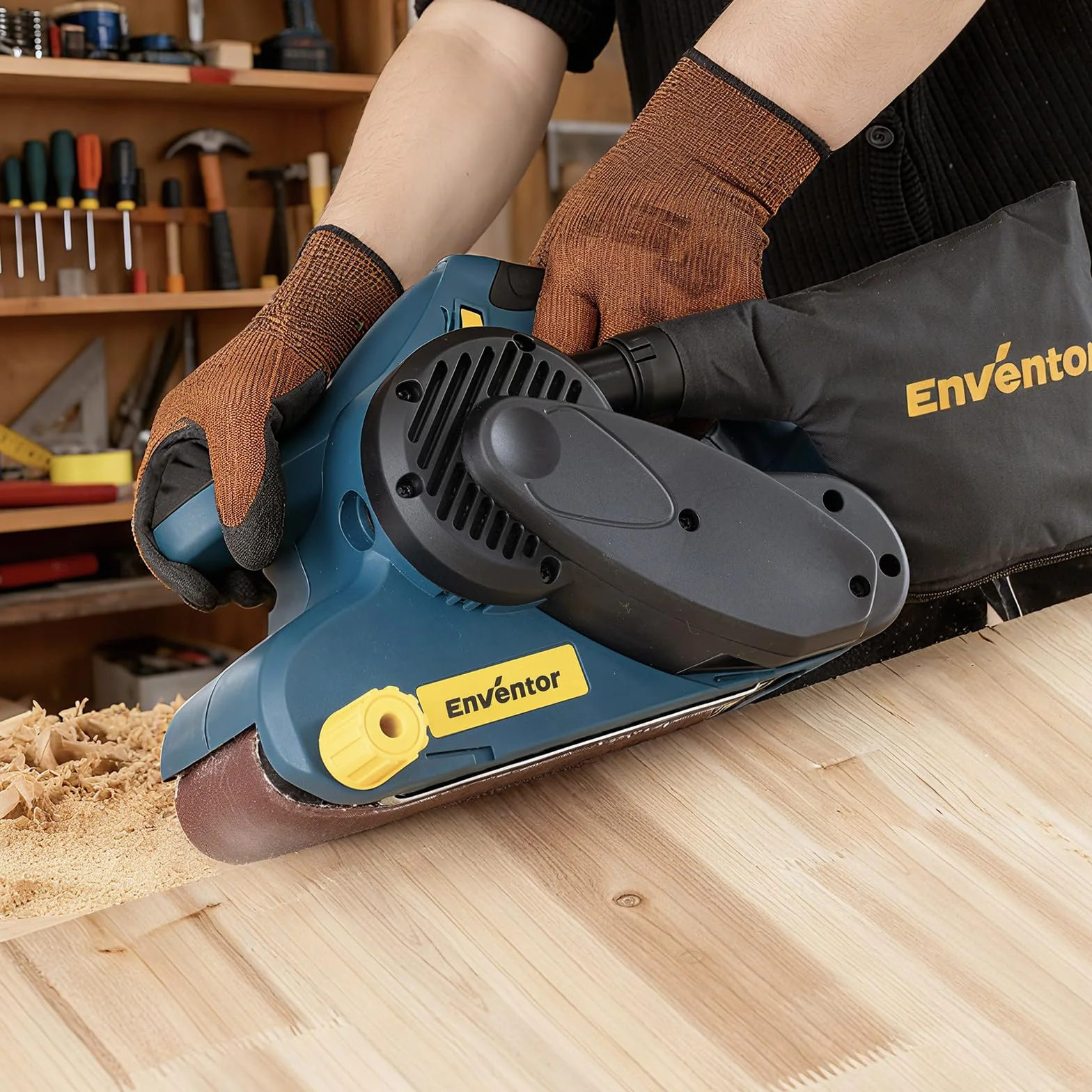 Enventor 950W with Belt Sander, 6 Speed Grades (120-380 Meters per Minute), 2-in-1 Grinding Machine with Dust Bag ＆ 12 Belt Sanders (P24, P80, P120, P180), 76 x 533 mm