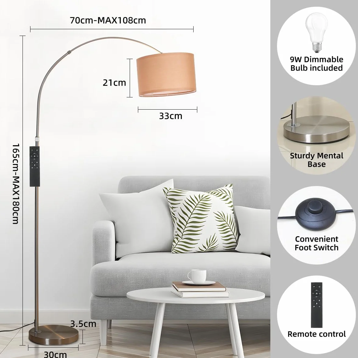 ANTENLICHT AURA Lampa łukowa z pilotem, czarna | Lampa podłogowa do salonu z regulacją jasności | W zestawie: żarówka LED E27 | Brązowy abażur z tkaniny 33 cm | Przełącznik nożny