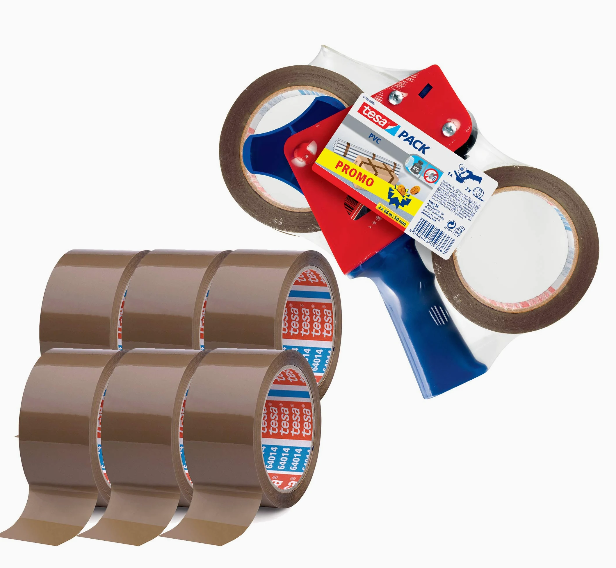 tesa Pakiet Ultra Strong i ręczny dozownik w zestawie z 2 wyjątkowo odpornymi na rozdarcie taśmami samoprzylepnymi PCW, kolor brązowy, 66 m x 50 mm (dozownik + 6 rolek dodatkowych, brązowy)